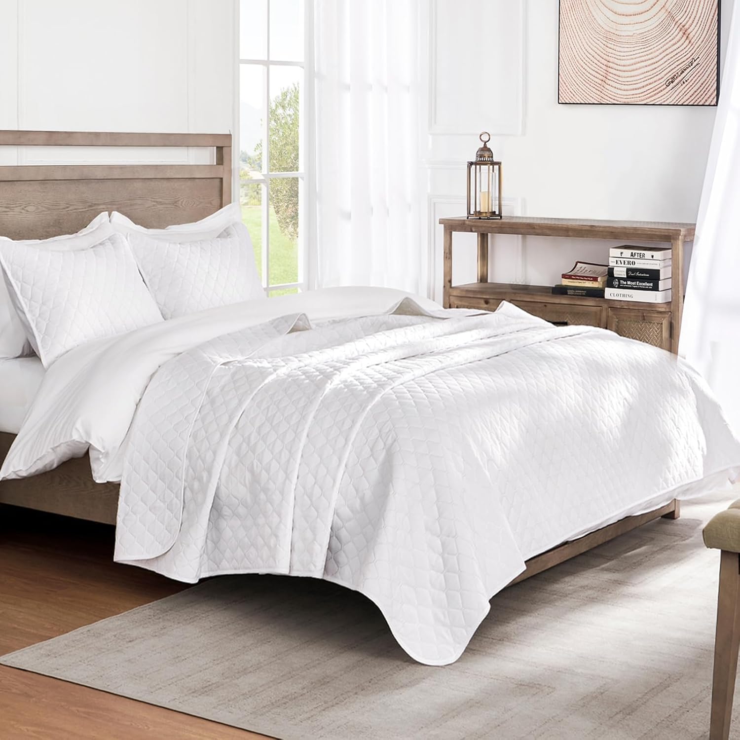 exclusivo mezcla reversible full queen quilt bedding set with pillow shams, lightweight quilts queen size, soft bedspreads bed coverlets for all seasons - (white, 90"x96") white full/ queen