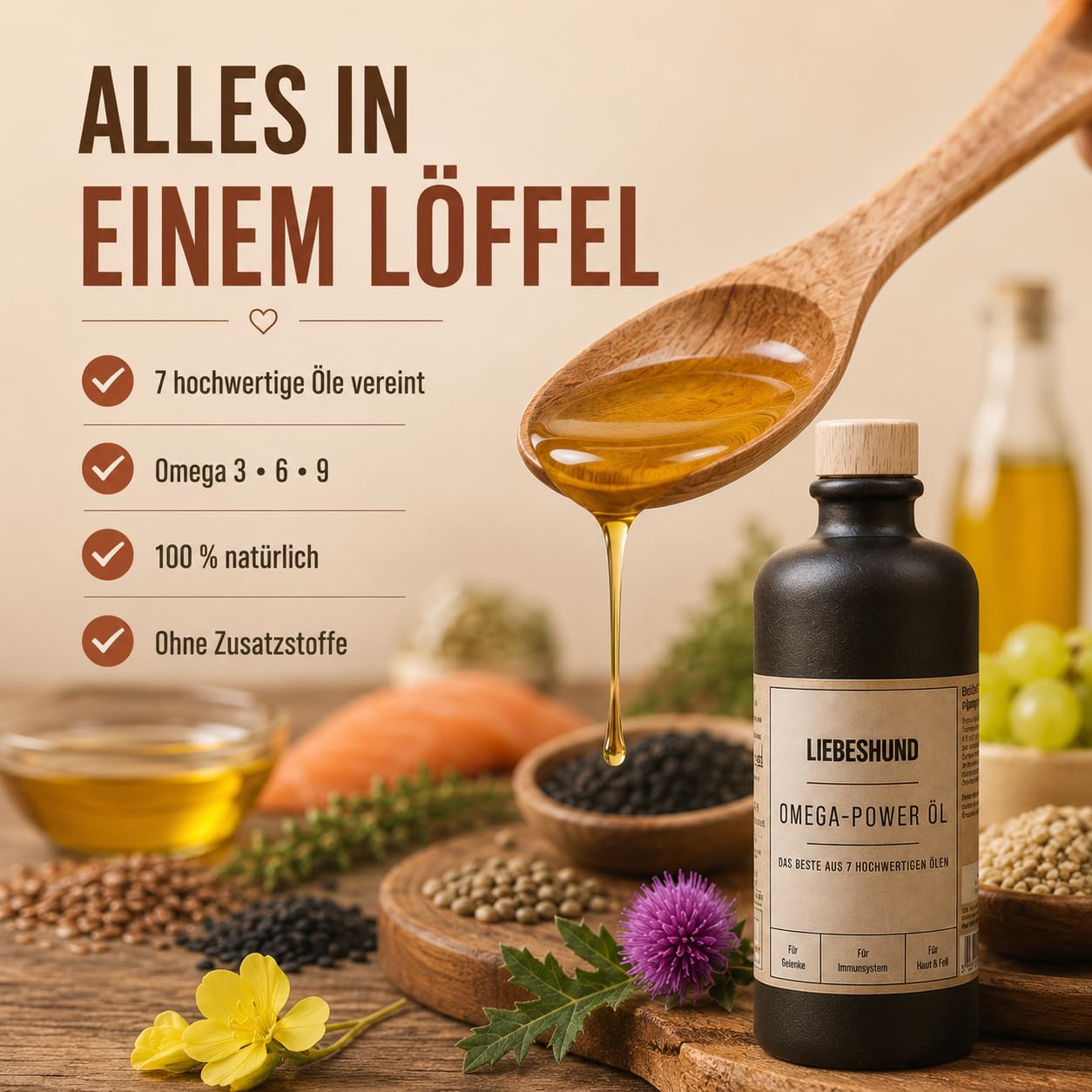 LIEBESHUND Omega-Power Hundeöl 500ml – Premium Barf Öl mit 7 Ölen für Hunde – Lachsöl, Leinöl, Hanföl, Schwarzkümmelöl – Omega 3-6-9 für Haut, Fell, Gelenke & Immunsystem - In Steinzeugflasche
