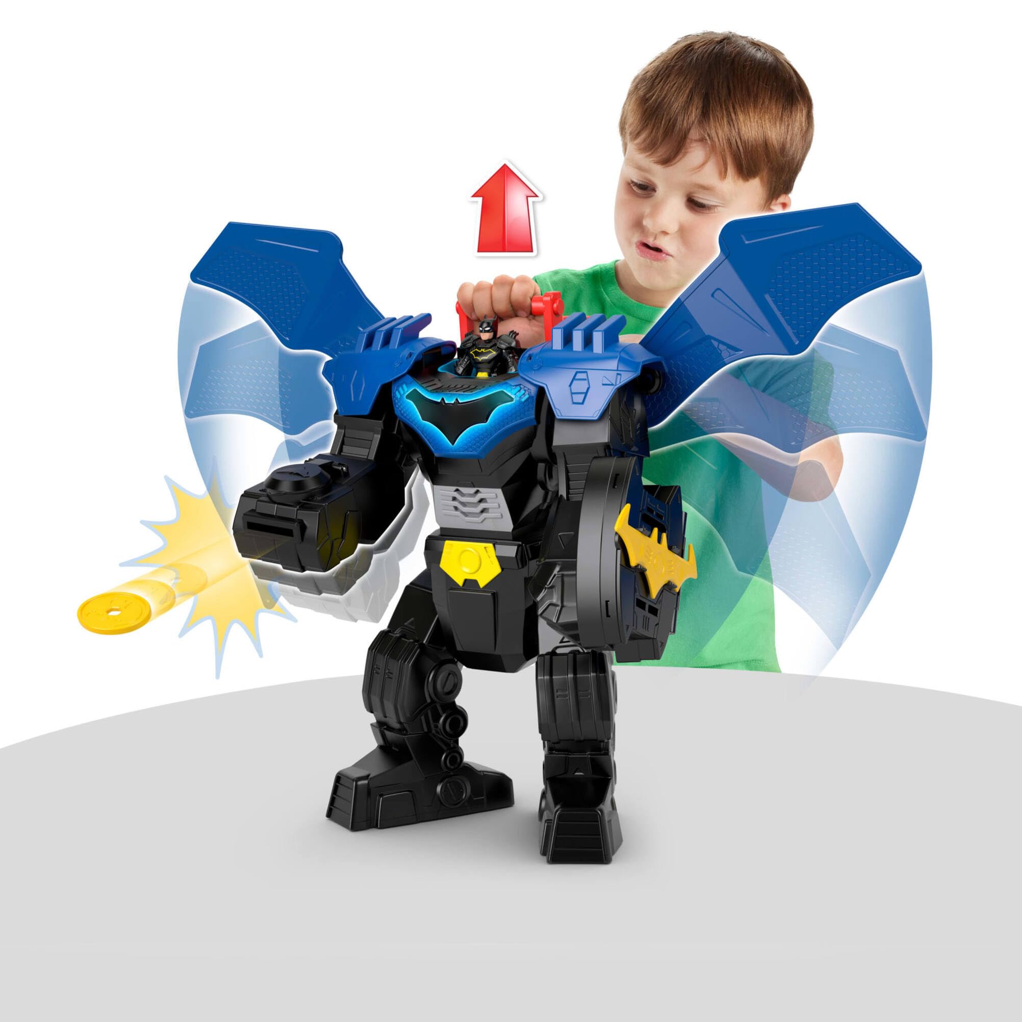 Fisher-Price Imaginext DC Super Friends Batman Traje mecánico volador de 36,83cm con luces, sonidos y movimiento, figura de acción de 7,6cm y accesorios de lanzador y discos, JDL03