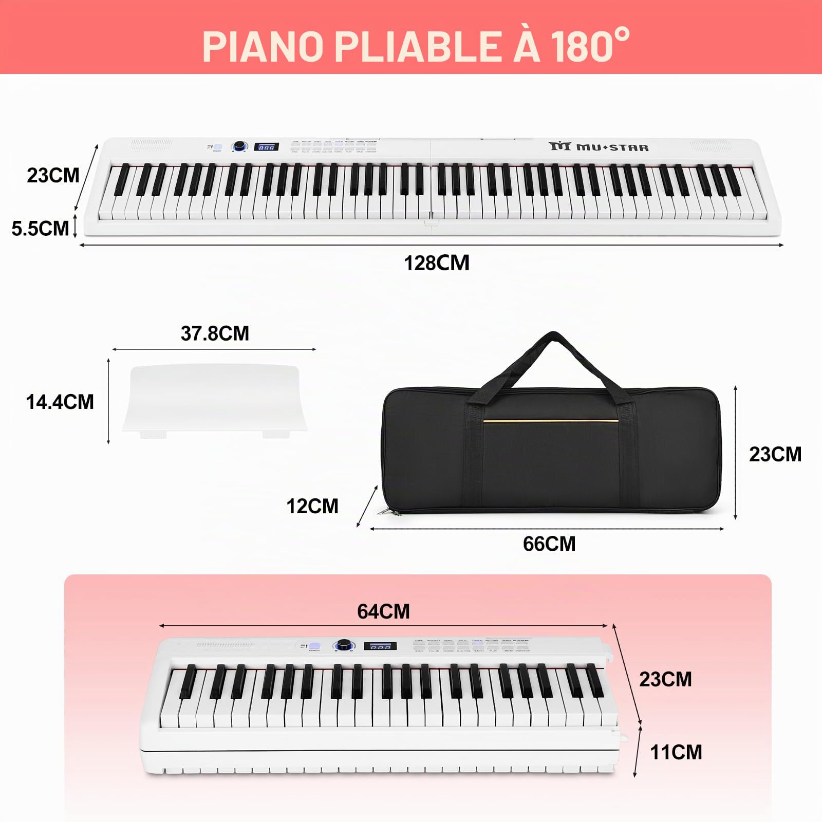 MUSTAR Piano numérique pliable 88 touches avec touches éclairées, piano numérique semi-poids, piano électronique portable avec Bluetooth, MIDI, pédale de sustain, casque pour débutants, blanc