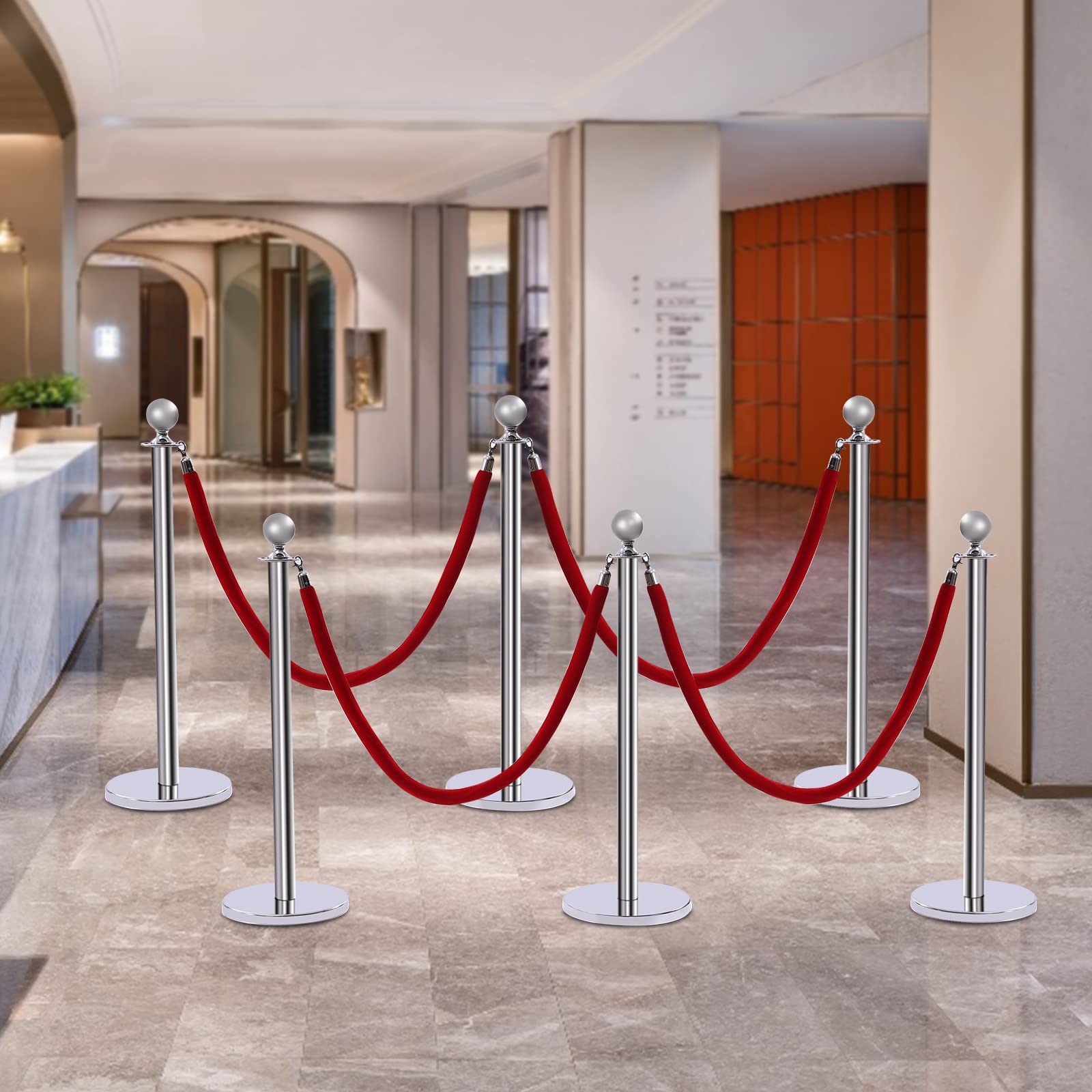 BANLICALI Stanchion Post, 6 Pcs Stainless Steel Stanchion Poles, Red 5ft Velvet Ropes and Silver Posts, Crowd Control Ropes and Poles, Carpet Ropes and Poles for Theaters, Museums, Restaurants, Hotels