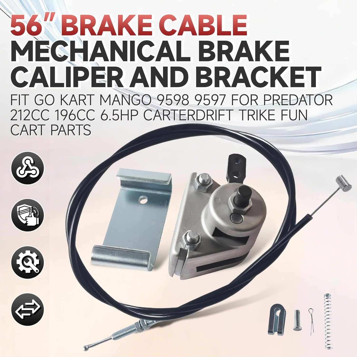 56" Brake Cable Mechanical Brake Caliper and Bracket fit Go Kart Manco 9598 9597 For Yerf-Dog ASW MB-1 Bristers Thunder Predator 212cc 196cc GX160 6.5hp Carter Drift Trike Fun Cart Parts