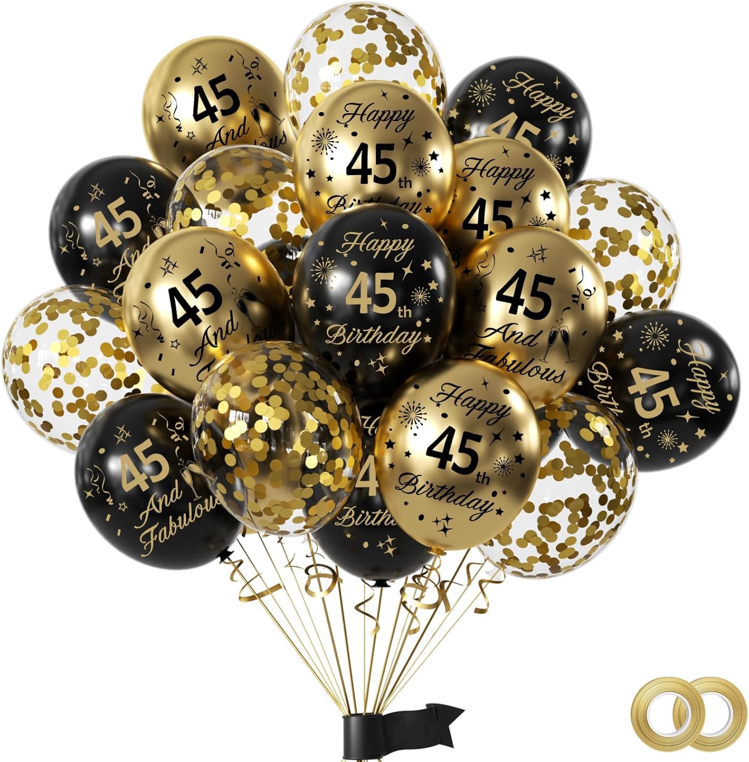 15pcs Años Decoracion Aniversario Cumpleaños,Oro Negro Fiesta 45Años Confetis Látex Globos cumpleaños con Happy Birthday Feliz para niño y niña hombres mujer Dfiesta de cumpleaño 45 Años Decoracione