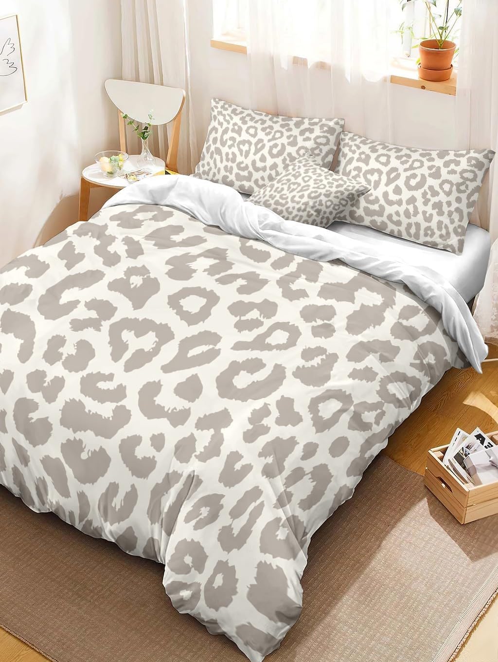 Bettwäsche 155x220 Grau Bettwäsche-Sets Atmungsaktive Angenehme Bügelfrei Microfaser 3D Bettbezug Leopard mit Reißverschluss und 2 Kissenbezüge b-3455 Küche, Haushalt & Wohnen