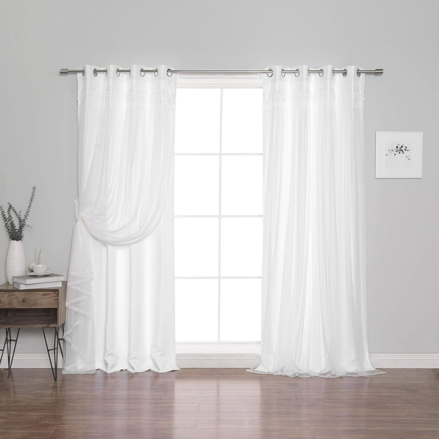 Best Home Fashion Lace Overlay Thermal Insulated Solid Blackout Curtains (52" W x 84" L - Set of 2 Panels, White)
