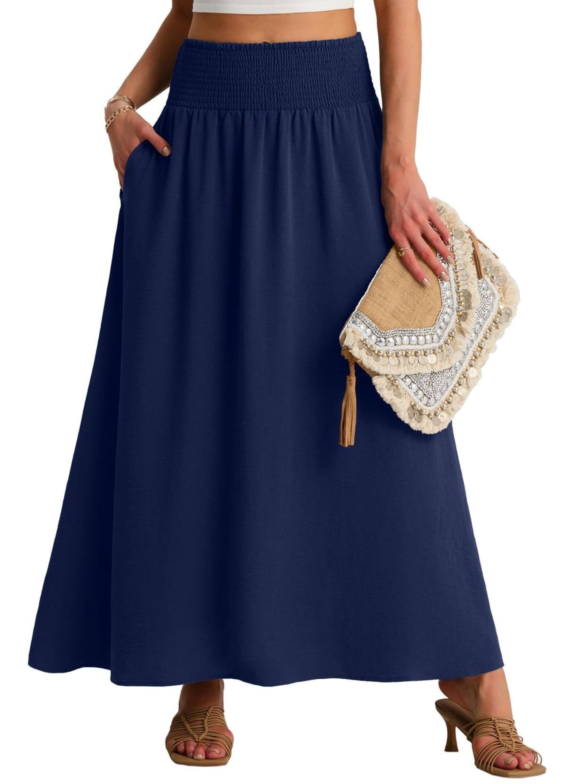 QIXING Damen Sommerrock Lang A-Linie Smocked Hohe Taille Swing Plisseerock mit Taschen Boho Maxirock