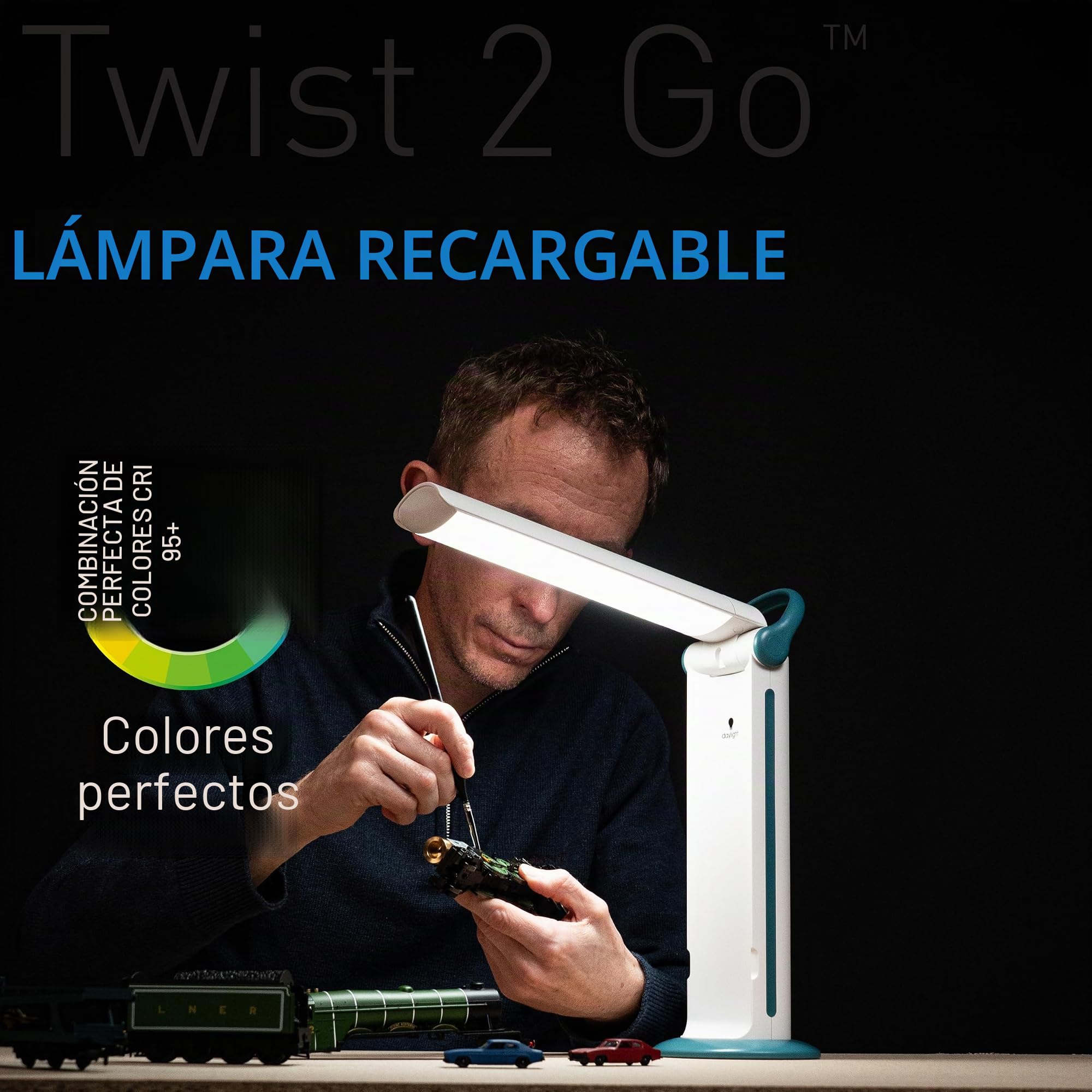 Daylight Twist 2 Go™ - Lámpara recargable y portátil con pantalla fácil de girar (LED de 6000 K, 3 niveles de brillo, hasta 8 horas de duración de la batería) - Perfecta para manualidades, lectura
