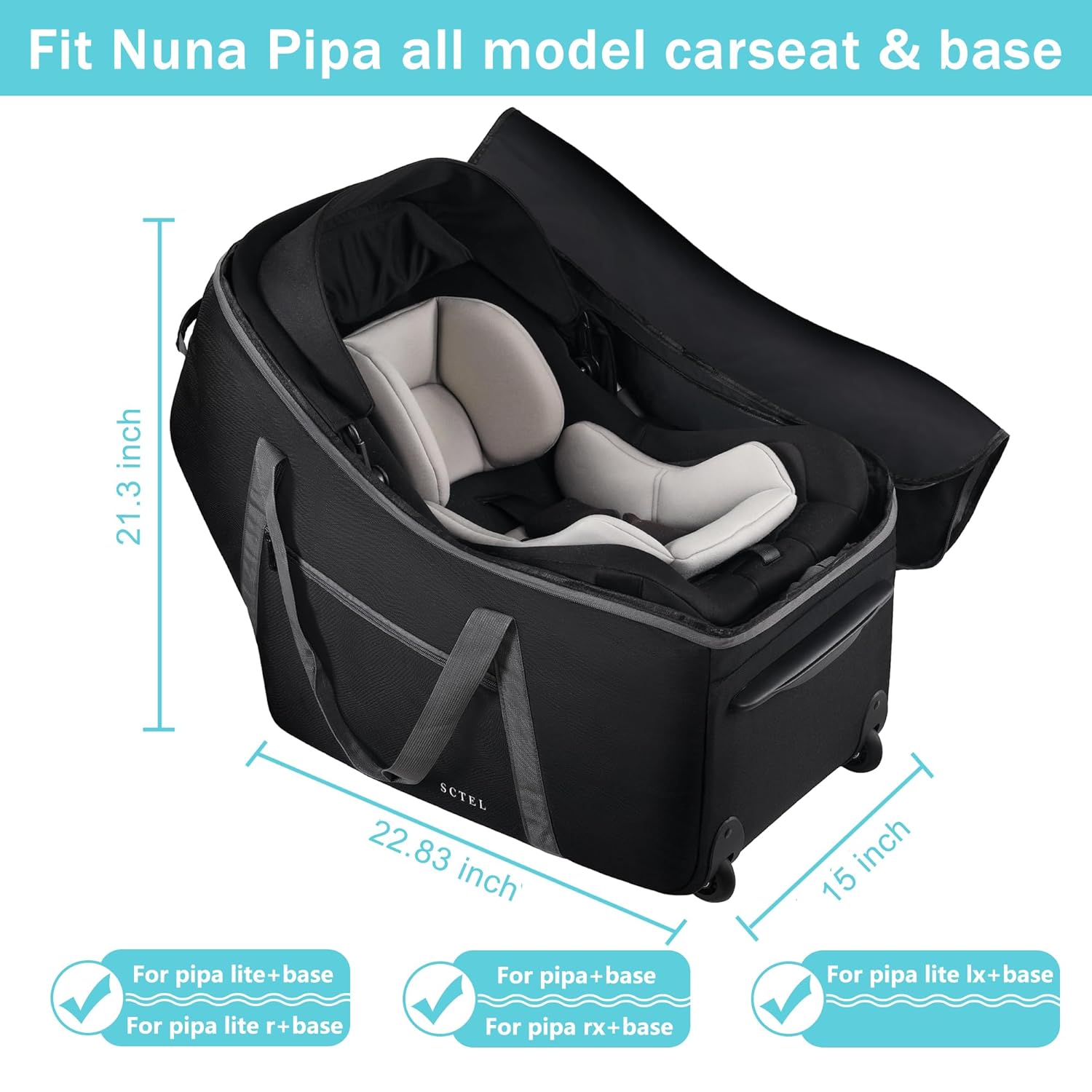 Car Seat Travel Bag with Wheels Fits All Nuna Pipa car seat and Base, Chicco Keyfit 35 and Anti-rebound Bar Base, Doona travel bag, Padded Infant Gate Check Bag with side pocket, Bumper Feet