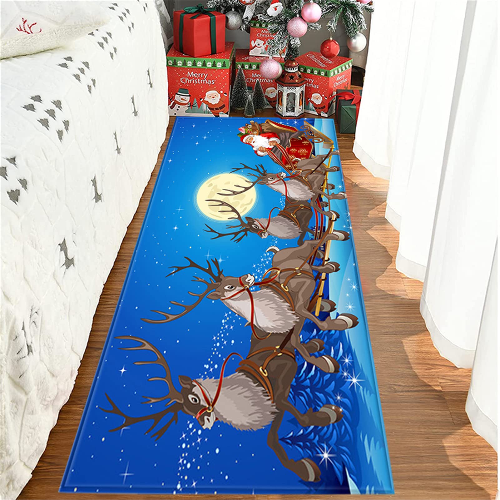 Alfombra Navideña para Dormitorio, Felpudo Navideño, Alfombra De Entrada Navideña, Patrón Navideño 3D Alfombra Antideslizante para Pasillo, Cocina, Sala De Estar, Baño,1,60x180cm/23.6"x70.8"