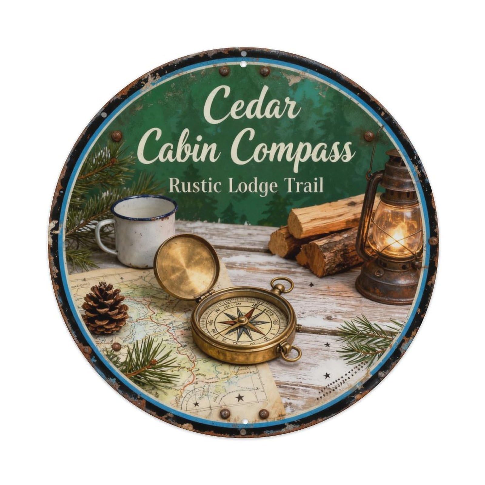 Cedar Cabin Compass Metal Tin Sign Plaque