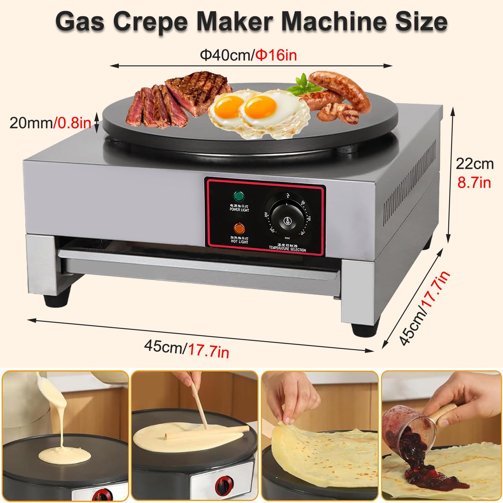 Máquina para Hacer Crepes, Plancha para Panqueques de 40 Cm, Máquina para Hacer Panqueques Antiadherente, Sartén Comercial de Escritorio para Tortillas, Blintzes, Huevos y Tocino,Electric
