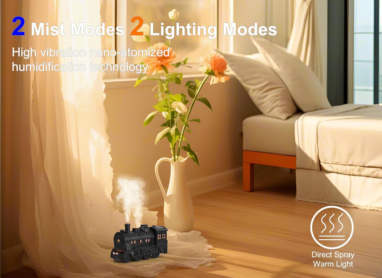 300ML Train Humidifier, Christmas Train Diffuser, Dual Mist Outlets, Cool Mist Diffuser Train Design to Improve Air for Bedroom Office Desktop with 2/8 Hours Timing Function (Black+Remote Control)