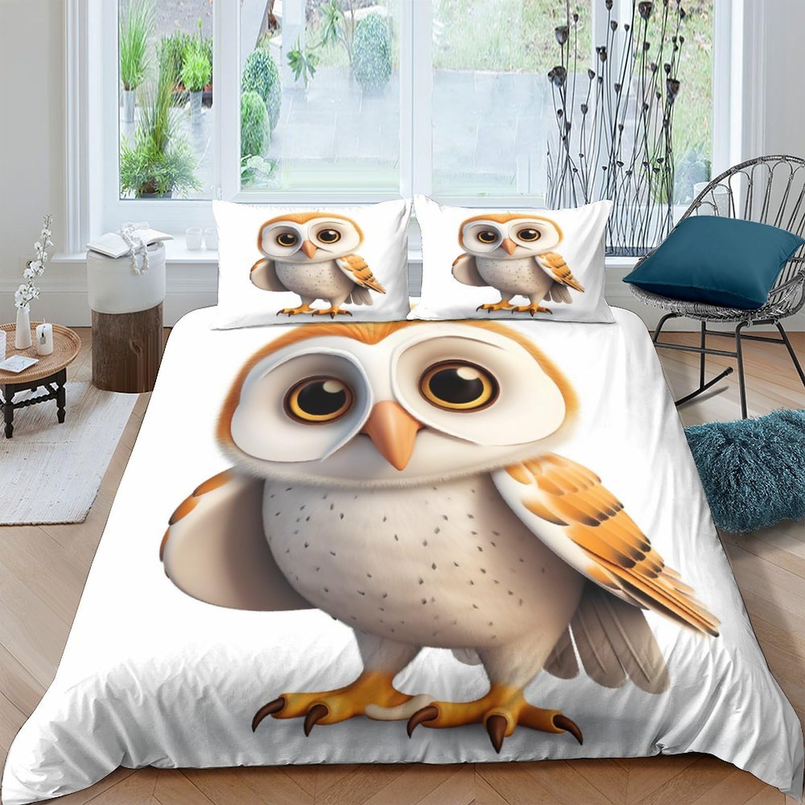 Housse de couette chouette literie microfibre 200x200 cm respirante 3 pièces