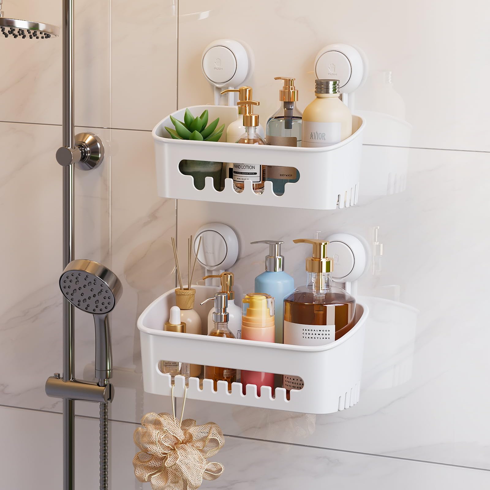 TAILI Contenitore per doccia con ventosa, organizer per doccia, mensola rimovibile da bagno, con ventosa potente, tenuta massima di 10 kg, supporto impermeabile, bianco