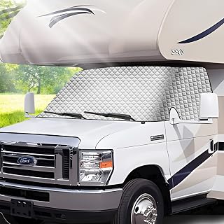 RV Windshield Cover for Class C Ford 1997-2022 RV Front Window 4 Layers Class C Motorhome Cover 27 Foot Temperature Control Sunshade/Snow Cover Upgraded Strong Magnet/Side Mirror Cutout