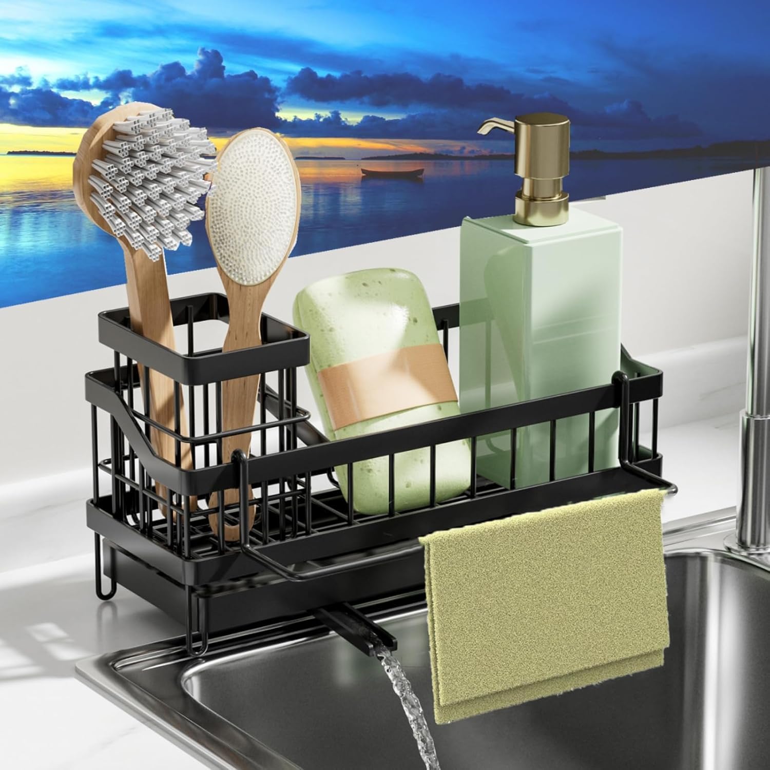 Sink Caddy kitchen Organzier with High Brush Holder Wall-Mounted Sponge Holder for Sink Countertop Organizer Soap Dispenser Storage