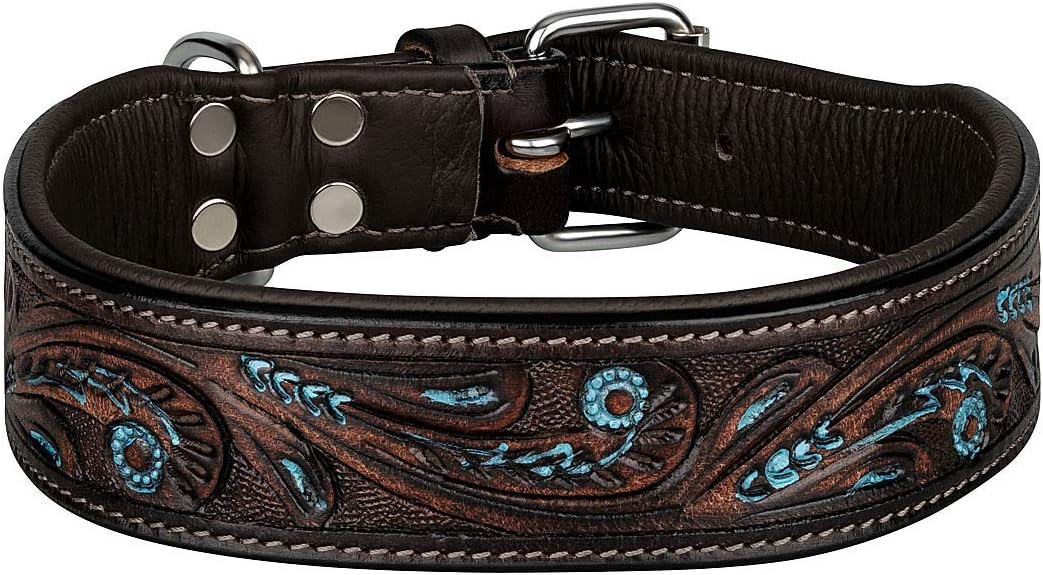 MICHUR Luis Leather Dog Collar Leather Dog Collar Dog Collar Brown with Blue Accents and Beautiful Punching Pattern Leather