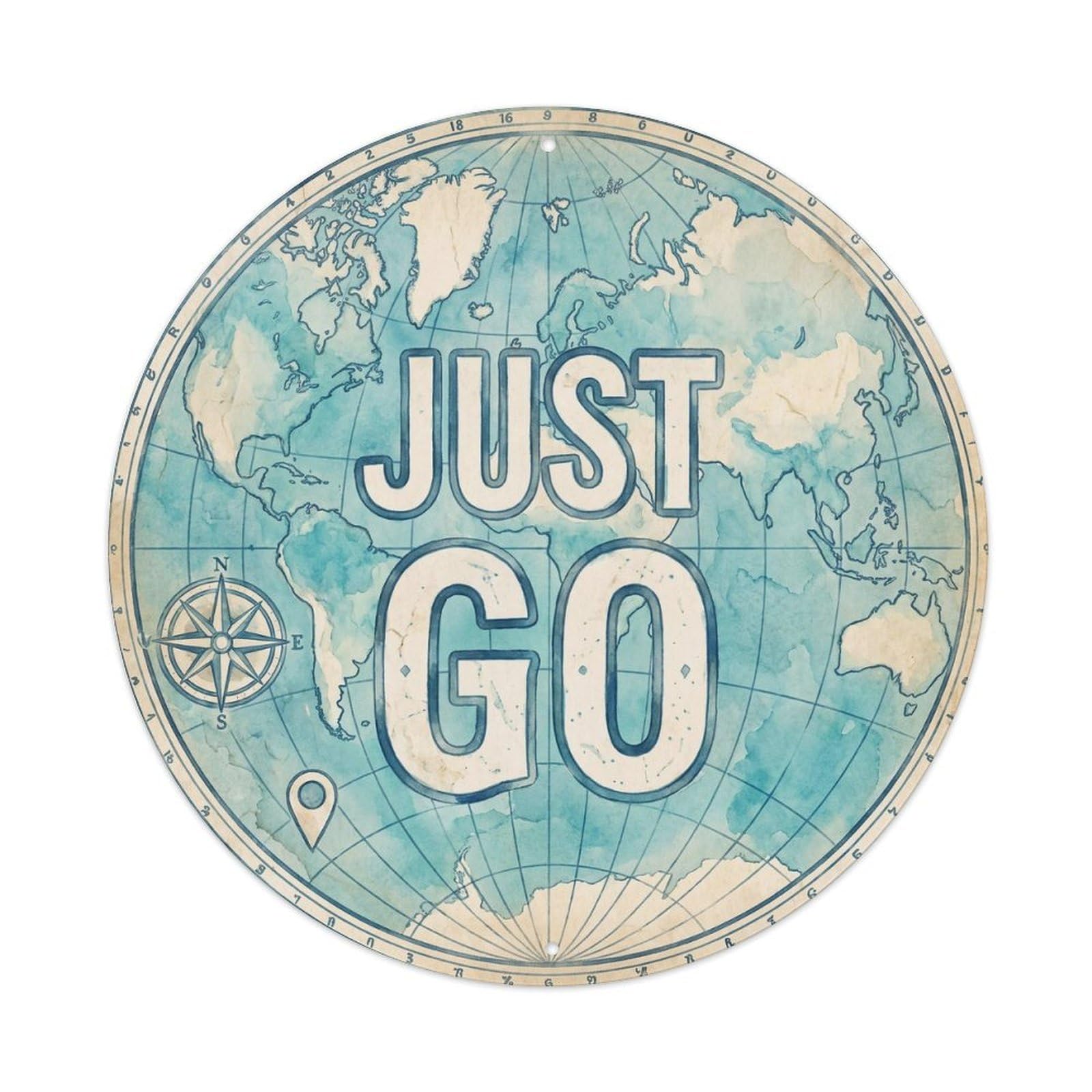Vintage World Map with Compass Just Go Explore Metal Tin Sign
