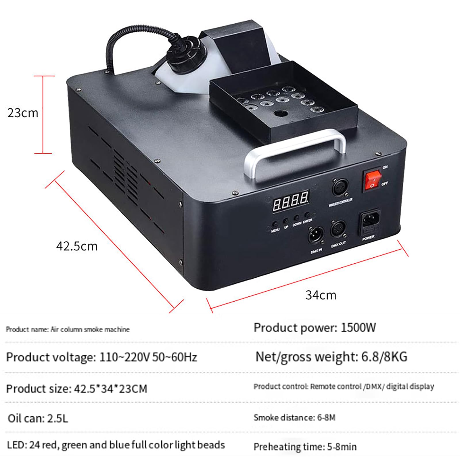 Pionowa Wytwornica Mgły, Wytwornica Dymu O Mocy 1500 W, Sterowanie DMX 512 Z 24 Koralikami LED I Pilotem, Pojemność I Wydajność Puszki Z Olejem 2,5 L, 18000 CFM, Na Wesele, Imprezę