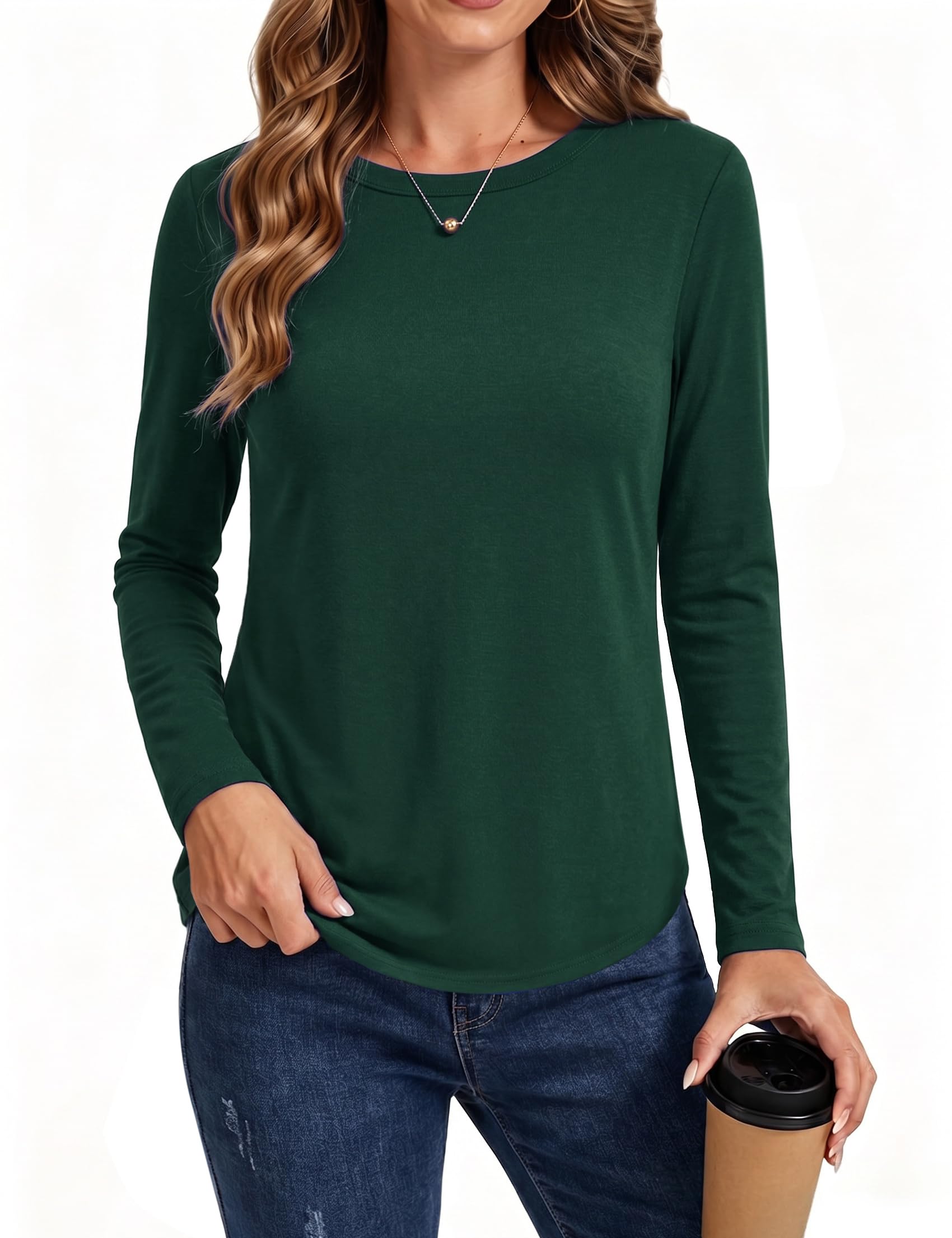 Crewhpo Damen Langarmshirt Lockeres Oberteil für Alltag mit Rundhals | Rundhals, Lange Ärmel, Lockerer Schnitt, Geschwungener Saum, Angenehm Zu Tragen Im Alltag, Büro Und In Der Freizeit