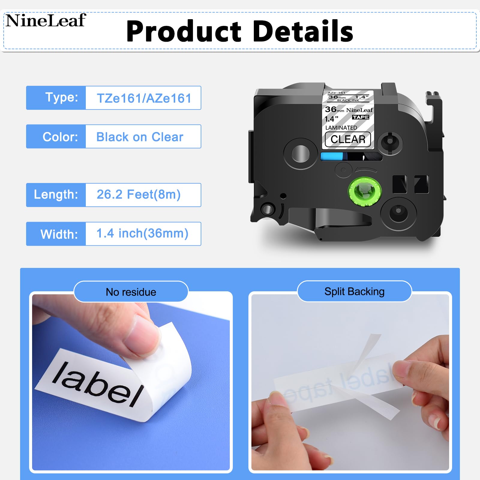 NineLeaf 6 x Ersatz für Brother P-Touch TZe-161 TZ-161 TZe161 TZ161 AZe 36mm 1.4'' Bänder Laminiertes Schwarz auf Transparent Schriftband Kassette für Ptouch PT-9200PC PT-9500PC Beschriftungsgerät