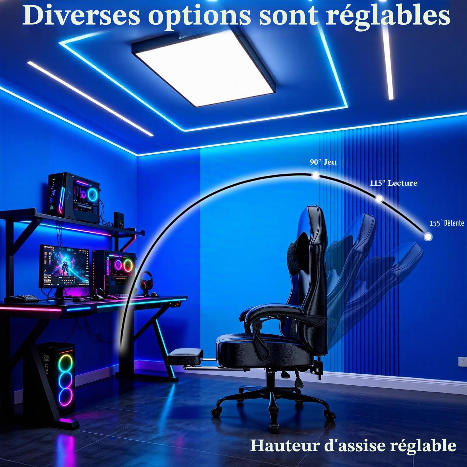 Fauteuil Gaming Chaise Gaming Ergonomique (Bleu + Noir)