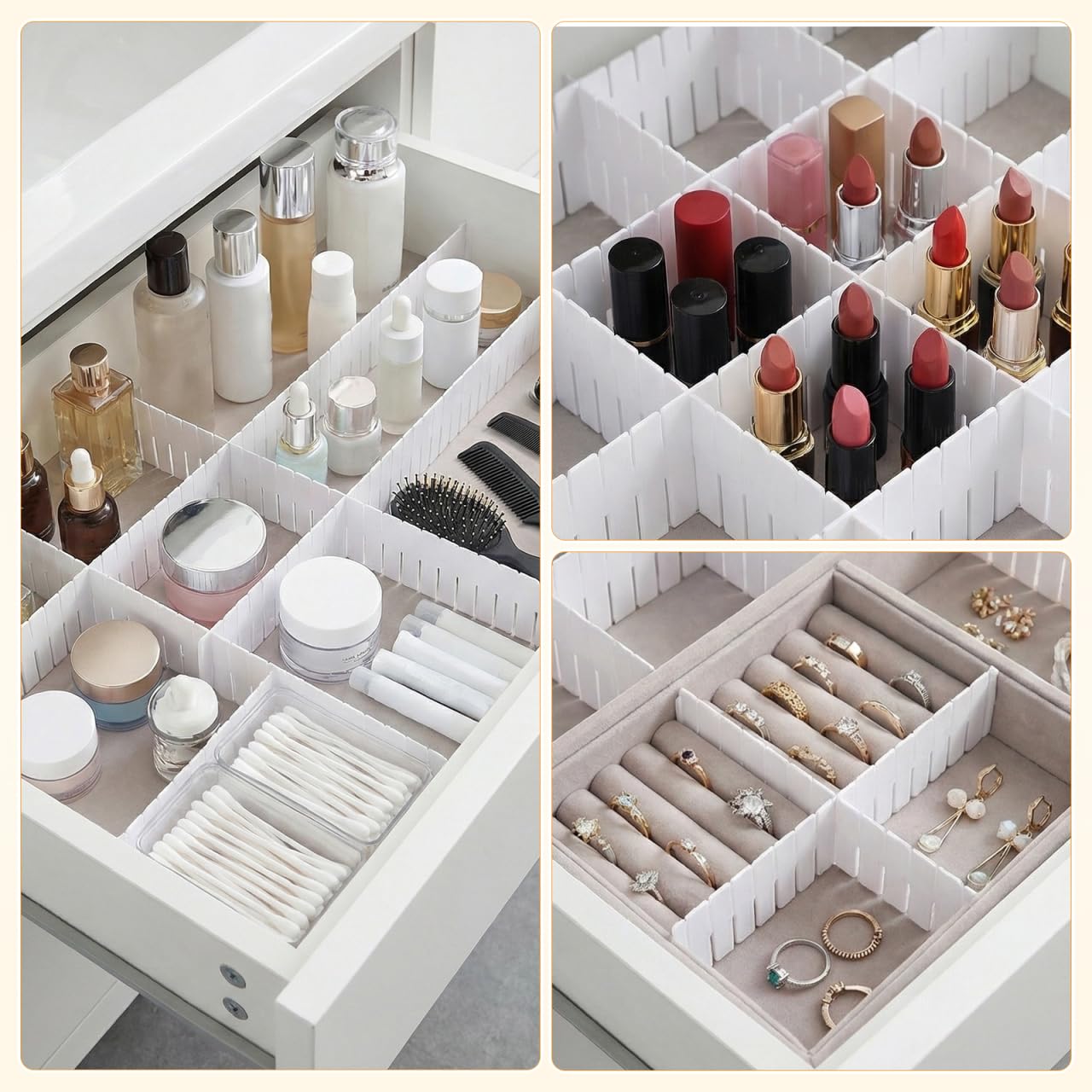 TOPBATHY 34 divisori per cassetti, 47 x 5 cm, Organizer per cassetti, Organizer per Calzini, Organizer per Biancheria Intima (Bianco)