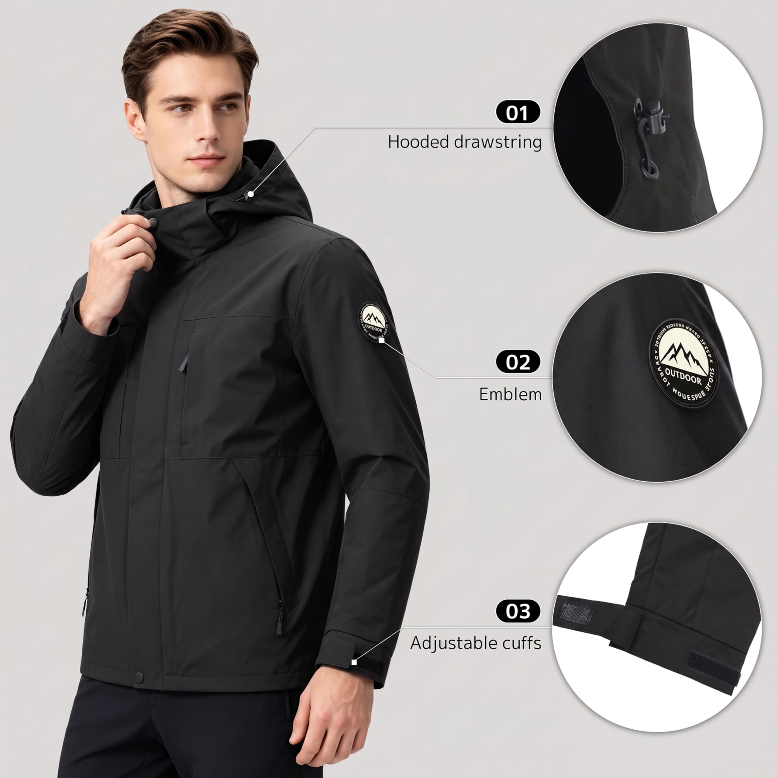 Veste Déperlante Homme Double Couche Coupe-Vent Léger Manteau Randonnée Extérieur Capuche Amovible