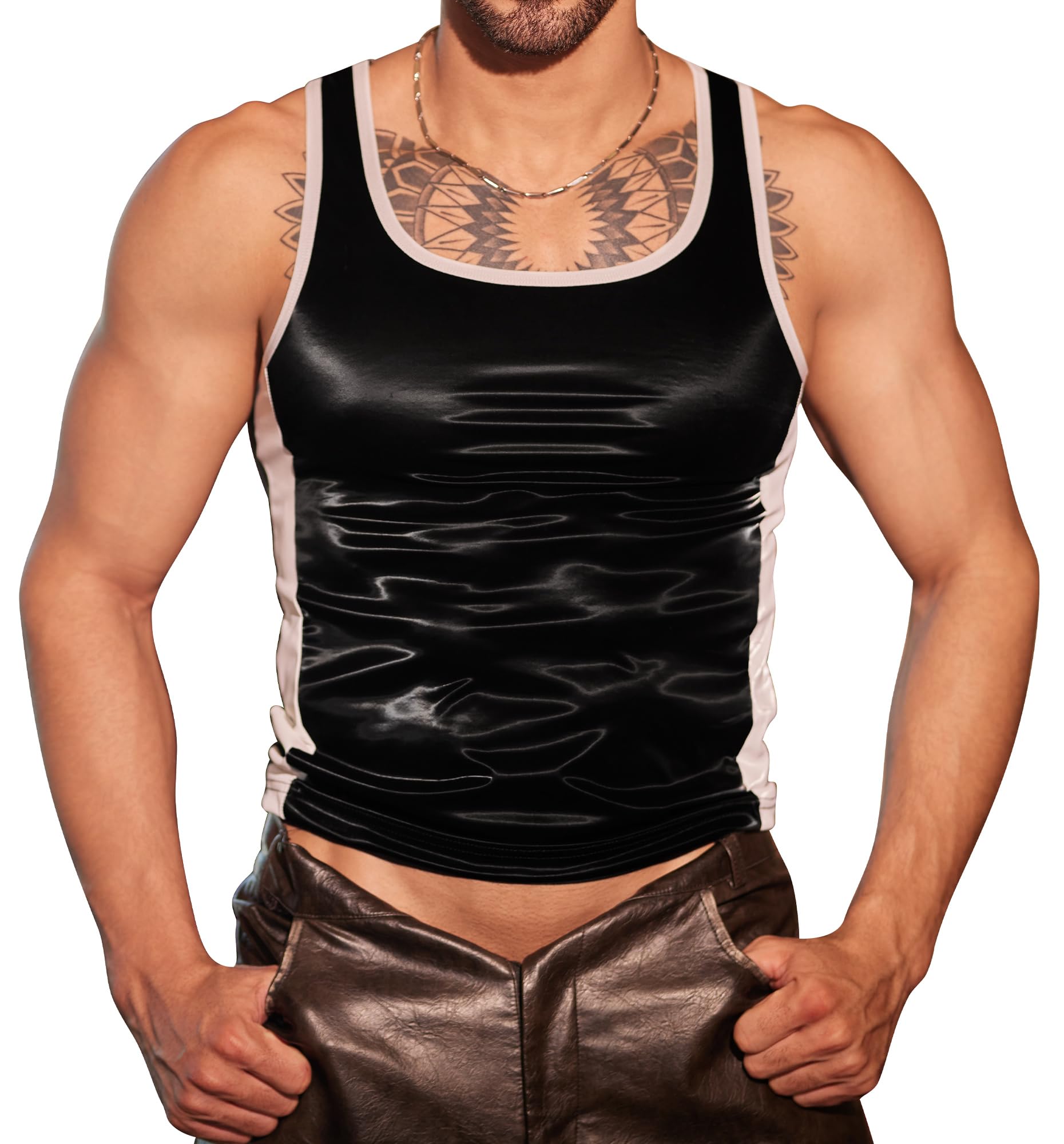 Camiseta de piel sintética para hombre, sin mangas, camiseta sin mangas, aspecto mojado, sexy, sin mangas, corte ajustado, ropa de club, disfraz de fiesta, club, Halloween, ropa de discoteca