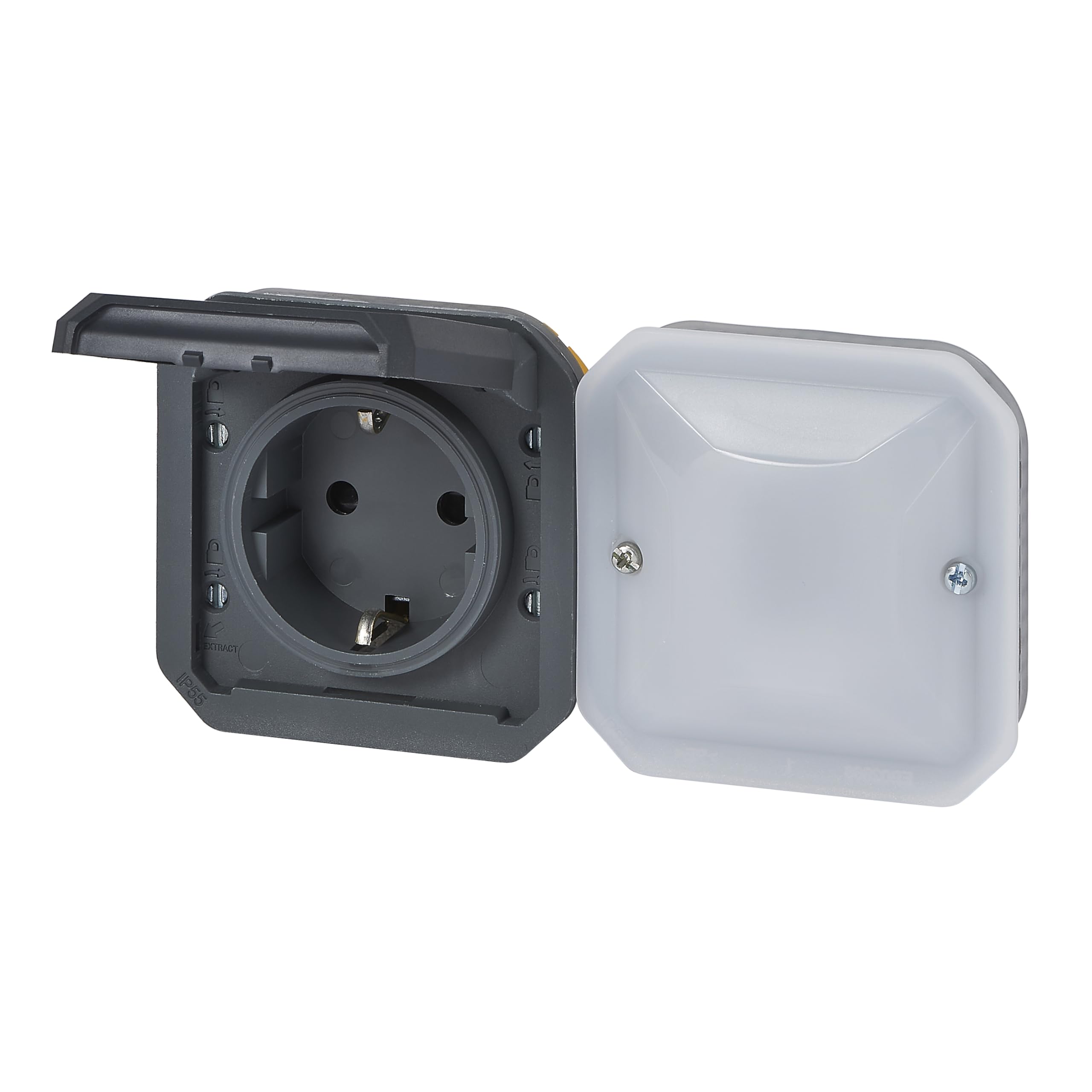 LEGRAND, Plexo New Connected-Feuchtraum-Steckdose, Smart-Home, Aufputz-Steckdose, Schuko-Standard, Home+Control-App, IP44 - IK07 staub- und schmutzbeständig, 16 A, 3680 W, Farbe: Anthrazit, 069897L