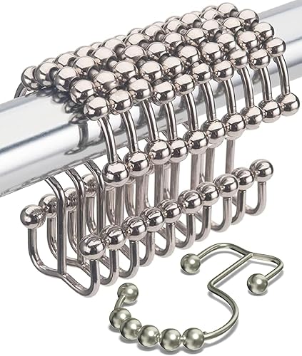Ganchos dobles para cortina de ducha a prueba de óxido (juego de 12) Anillos de cortina de ducha de acero inoxidable de níquel con bolas