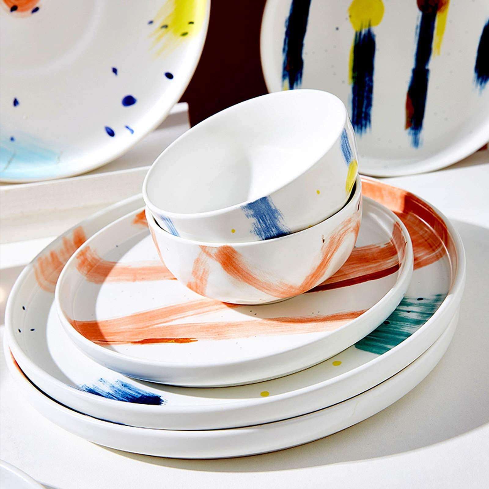 Zastawa stołowa z chipami, Zestaw zastawy kuchennej, Zestawy obiadowe z ceramiki, 26-częściowy zestaw porcelanowej zastawy stołowej Starry Sky | Miska na płatki zbożowe i talerz na steki