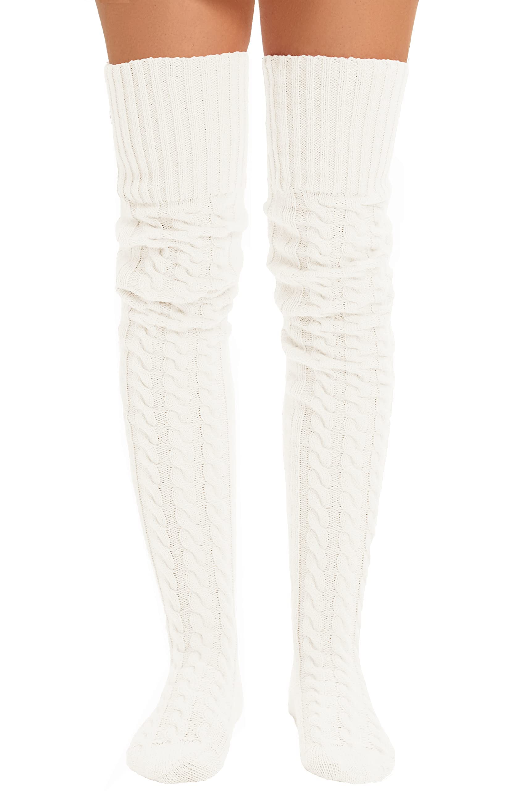 HYTENSUN Women's Thigh High Cable Knit Boot Socks Over Knee Extre Long Tube Leg Warmers Stocking - White