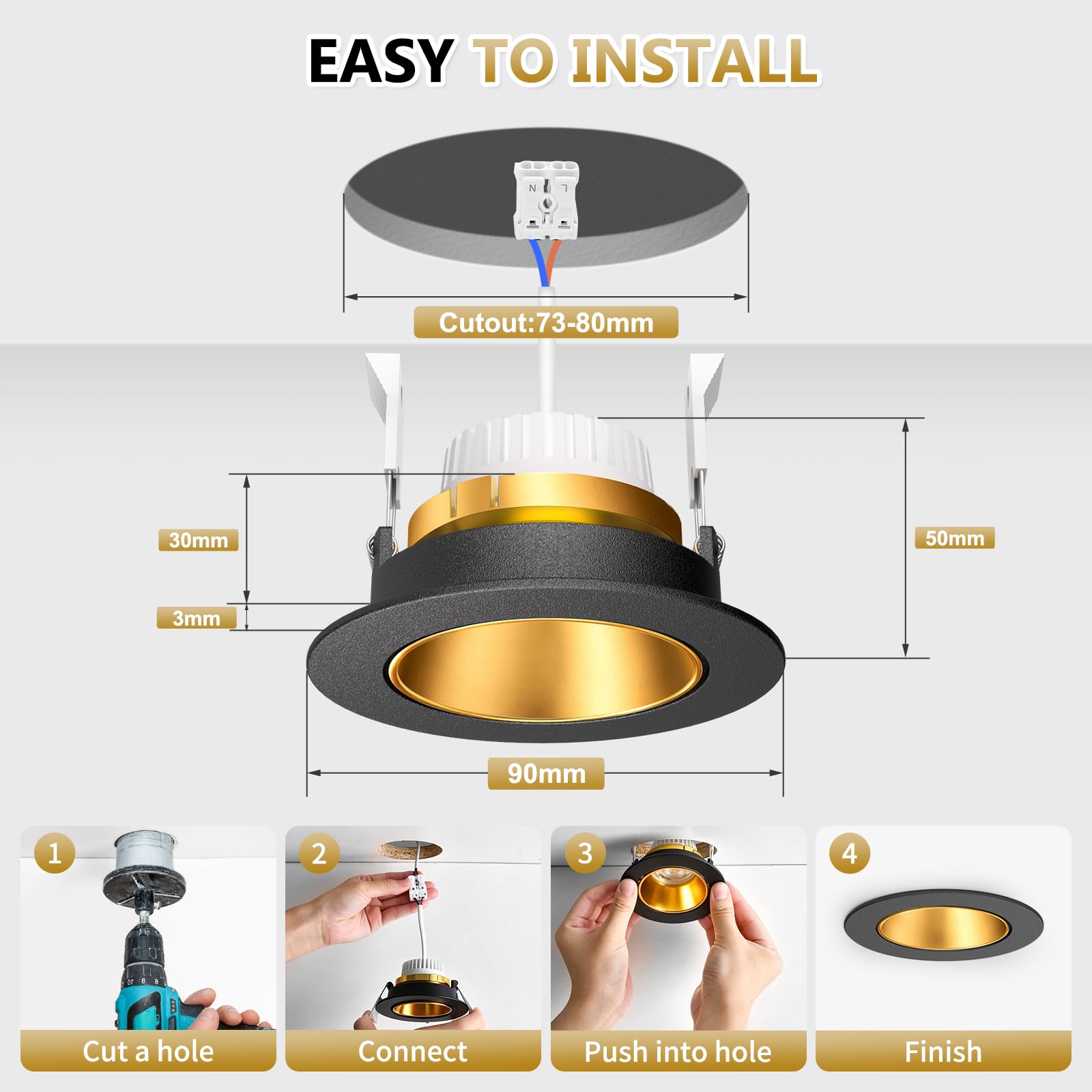 YindaLux 6X Faretti LED da Incasso 230V Dimmerabili, 5W 550LM 3000K/4000K/6500K, Faretti da Soffitto Orientabili IP44, Riflettore Profondo, Modulo LED Rimovibile, 38°/120°, Foro Ø75-80mm, Nero Oro