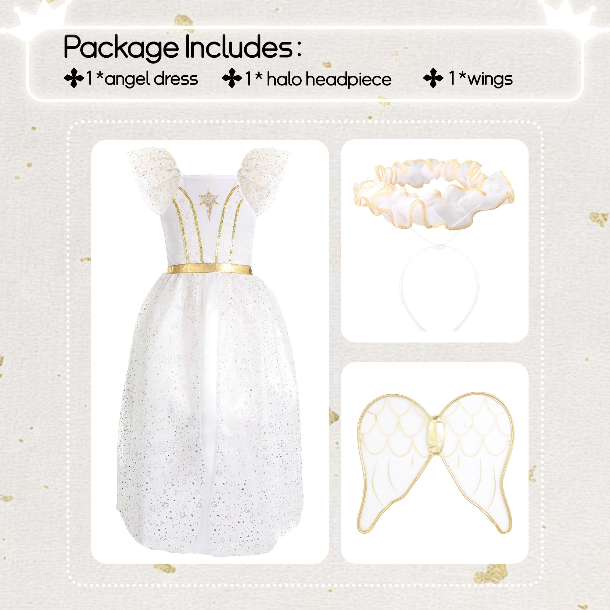 Wizland Glimmering Elegance Girls' White Angel Costume with Golden-Accented Halo and Wings - Image 4