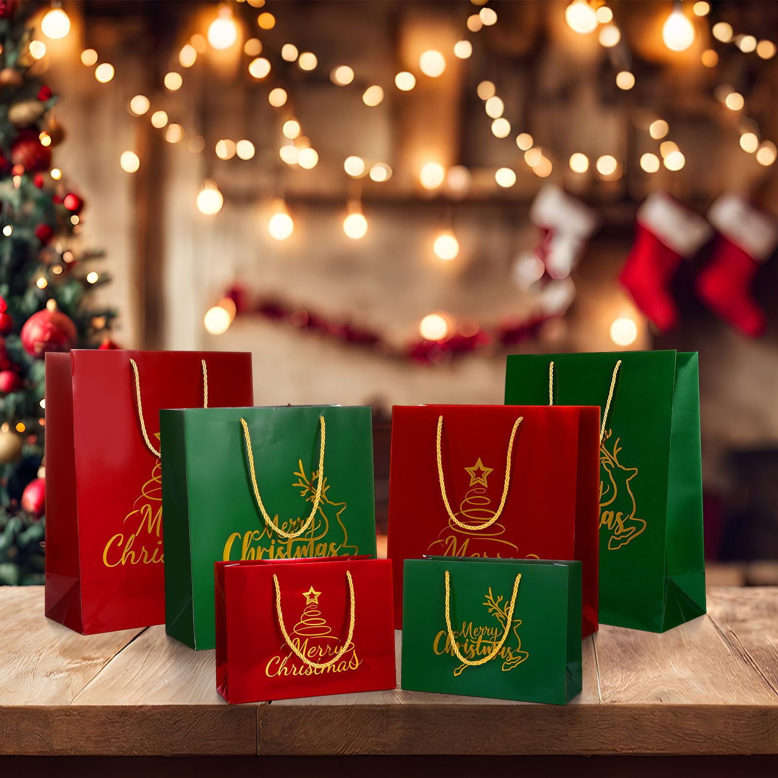 Zhanmai 12 bolsas de regalo de Navidad a granel con diseño de árbol de Navidad, alce, con asas, bolsas de golosinas rojas y verdes, bolsas de regalo de Navidad para invierno, cumpleaños, boda, baby