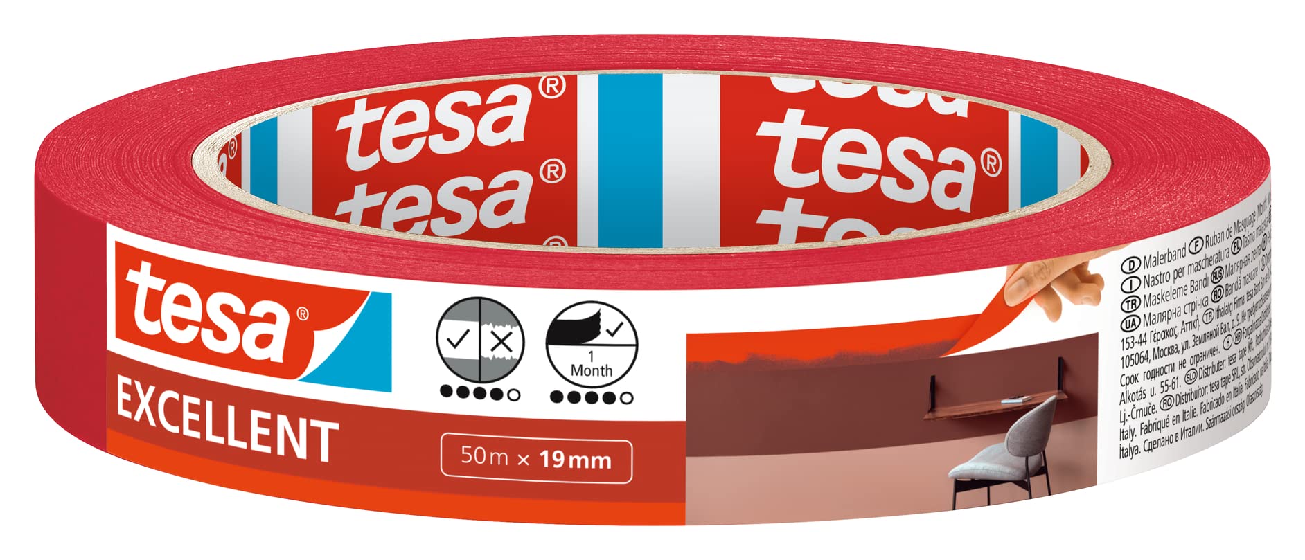 Tesa Uk Red Tesa Masking Tape Excellent - Painter's Tape With Thin Paper Backing For Masking During Painting Work - For All Paints, Varnishes, And Glazes - For Indoor Use - 50 M X 19 Mm