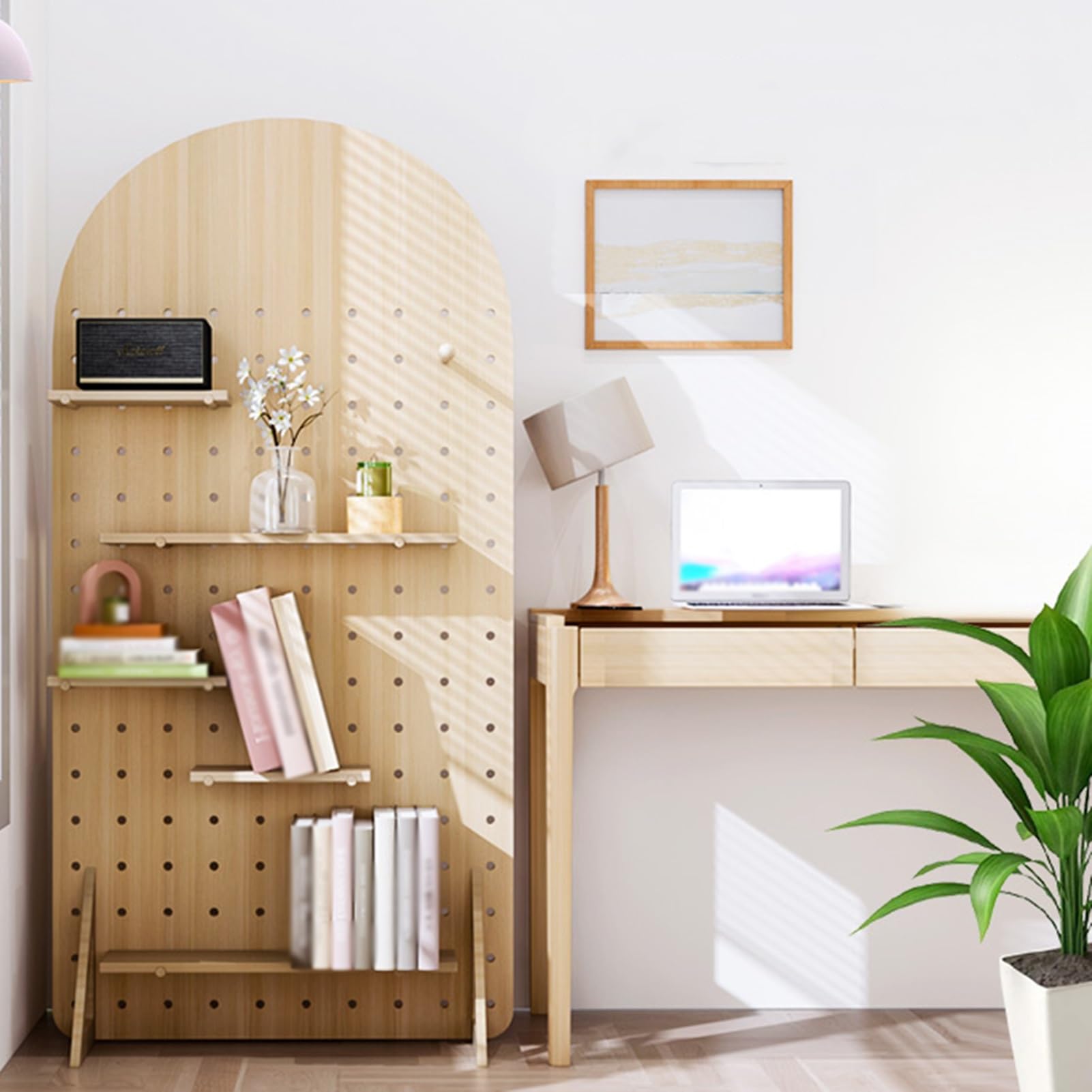 Hölzerner Stecktafel-Ausstellungsständer, kombiniertes bodenstehendes Organizer-Set, Regal für die Ausstellung von Ornamenten mit Lochtafeln, Wandhalter für Steckwerkzeuge, Home-Office (Holz