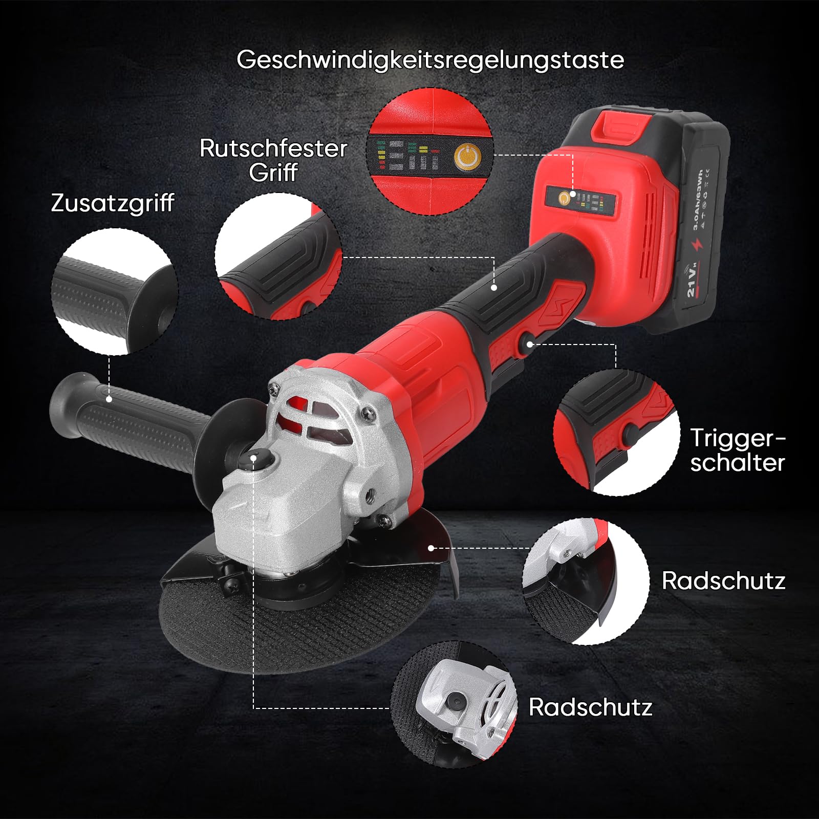 Amoladora angular con batería de 125 mm, batería de 21 V Flex con 2 baterías de 3,0 Ah y cargador, motor sin escobillas, amoladora angular con 6 hojas de sierra, 12000 rpm, para una separación precisa