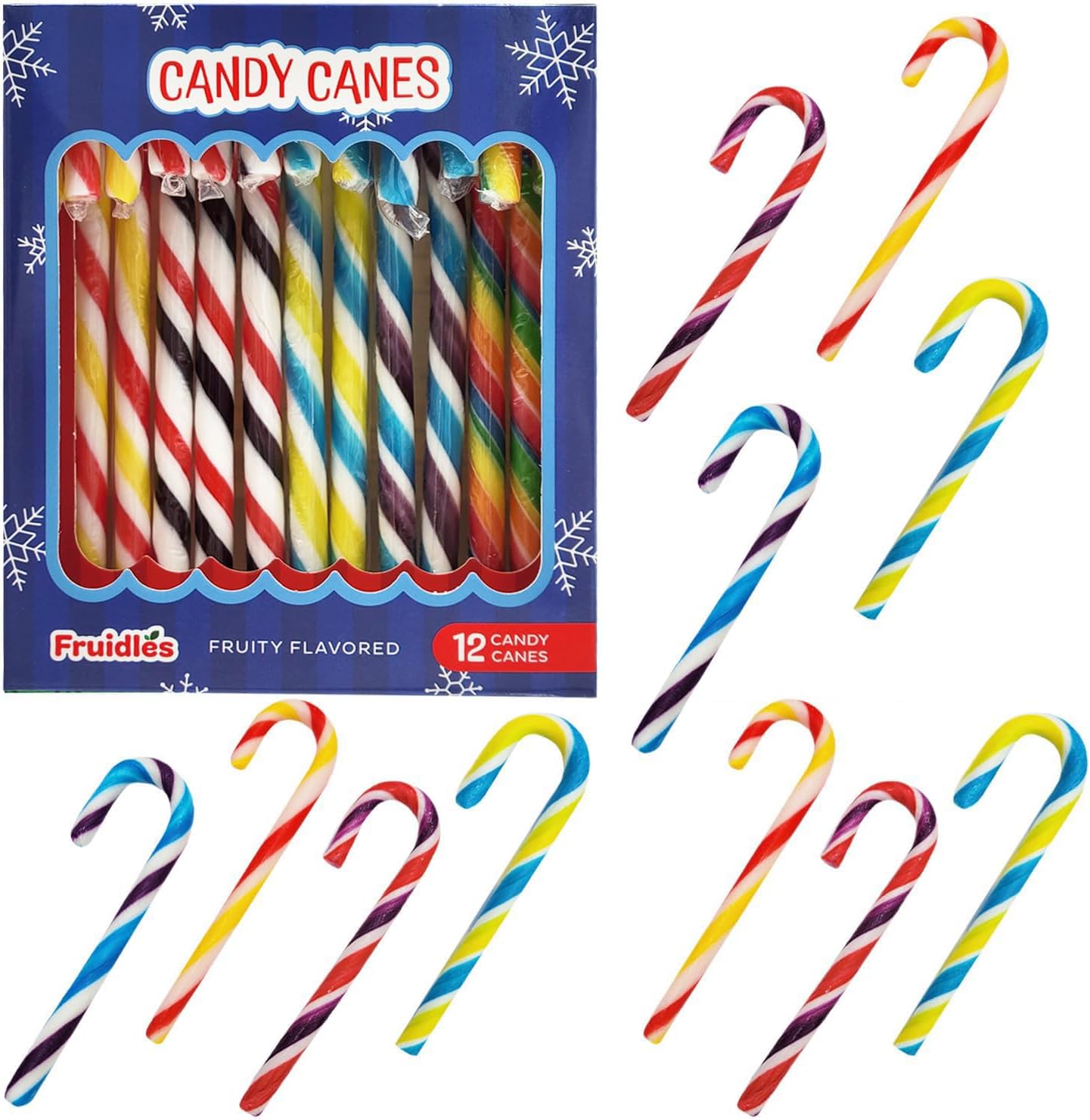Christmas Candy Canes Suckers, Multicolored Rainbow Fruity Flavor, Individually Wrapped (12-Pack)