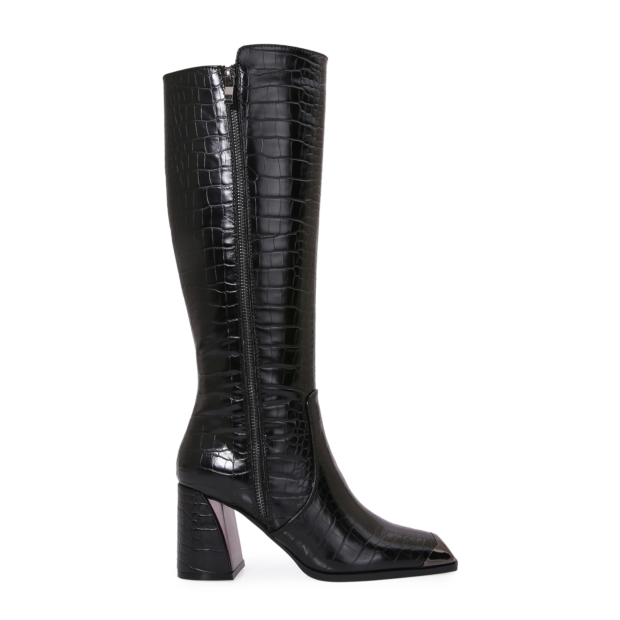 Ninety Union Lux Knee-High Croco Boot 3 Chunky Heel Boots with Pointed Toe and Full-Zip Closure