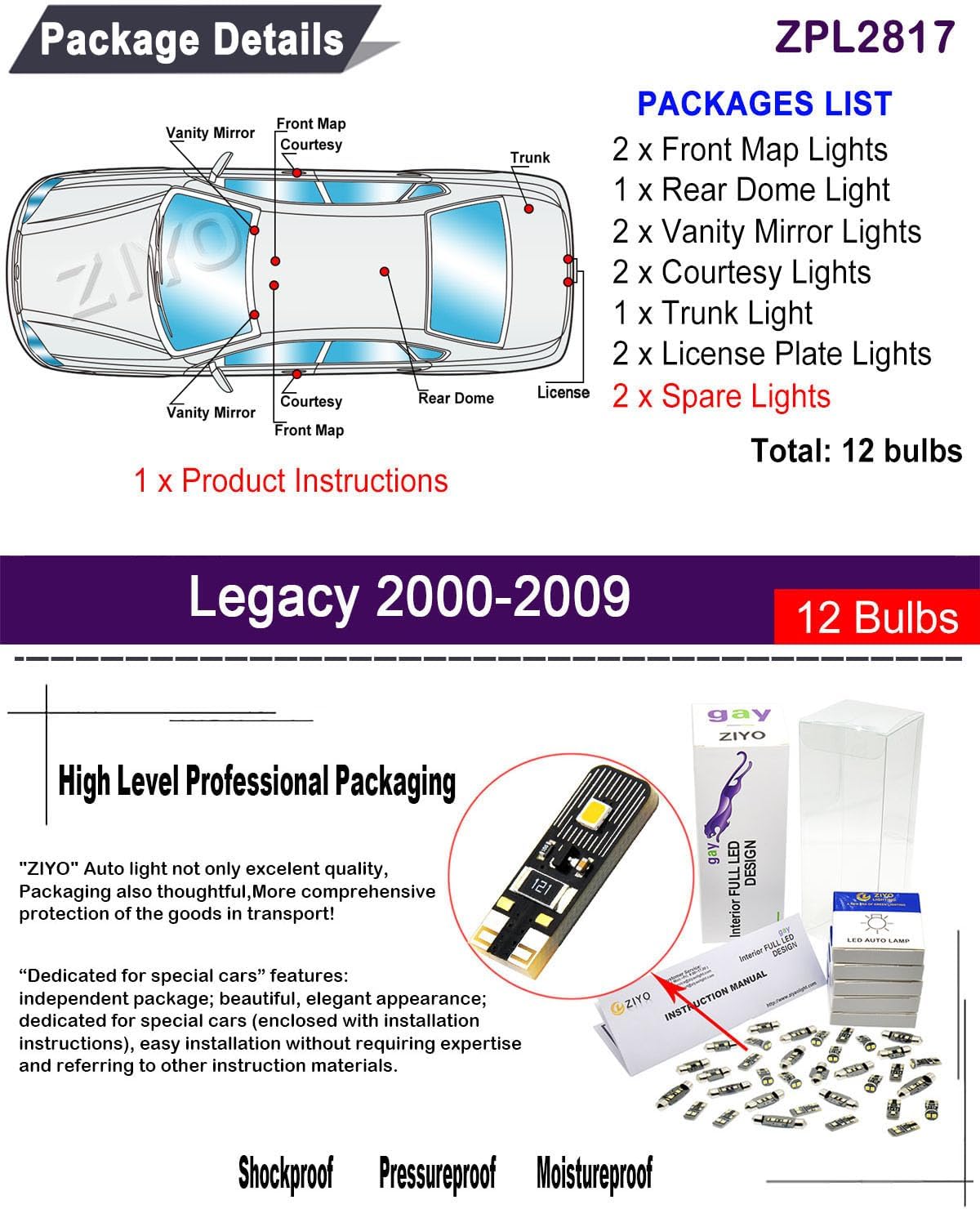 ZIYO ZPL2817- (12 Bulbs) LED Interior Light Kit + License Plate Light Bulbs Package Replacement for Subaru Legacy 2000-2009 Xenon White