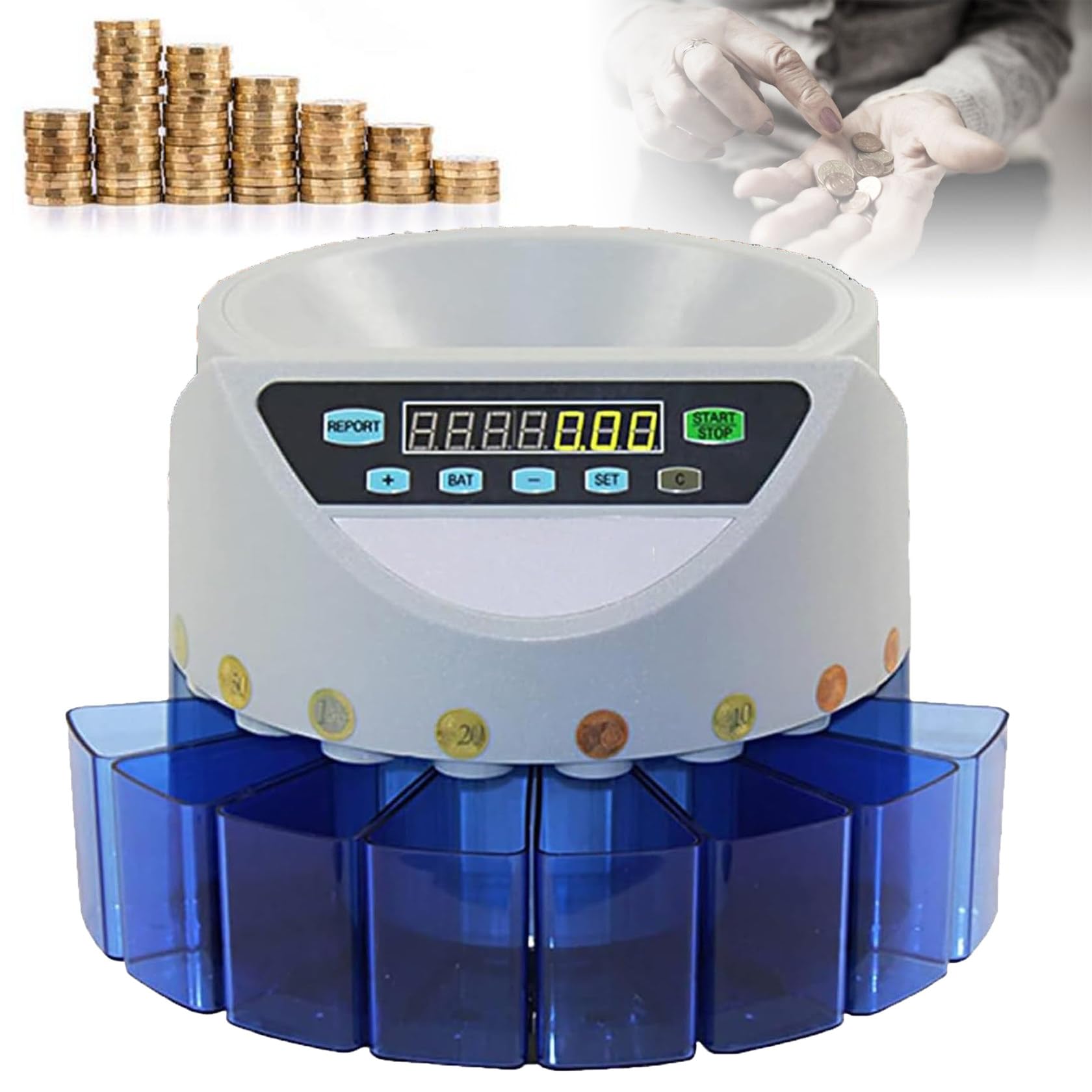 Contamonete, contamonete Automatico Elettrico, Display a LED, per Monete e gettoni di Tutti i Tipi (Blue)