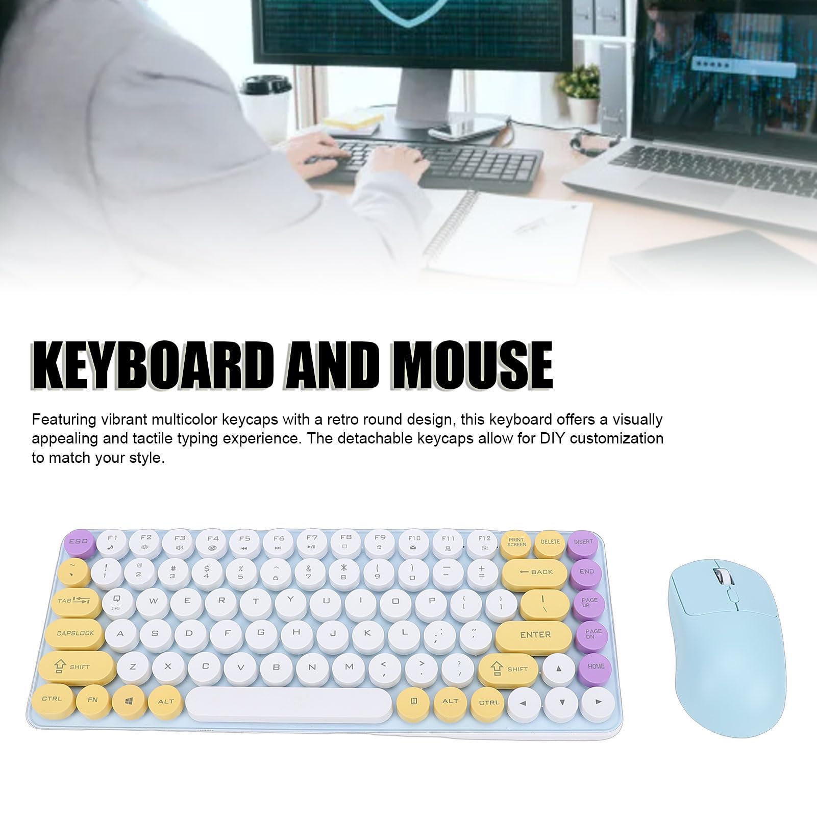 Luocute Set Tastiera e Mouse Wireless, 2.4G 2 modalità Retro Rotondi 85 Tasti con Copritasti Rotondi Rimovibili e Inclinazione di 9 Gradi per Computer PC