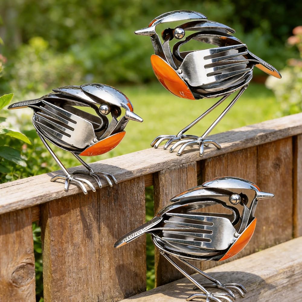 Metal Robin Garden Ornament, 2026 New Robin Bird Scrap Metal Art Sculpture, Handcrafted Bird Statue, Rustic Red Chest Bird Statue, Garden Ornaments Outdoor for Garden, Patio, Office Desk (3PC)