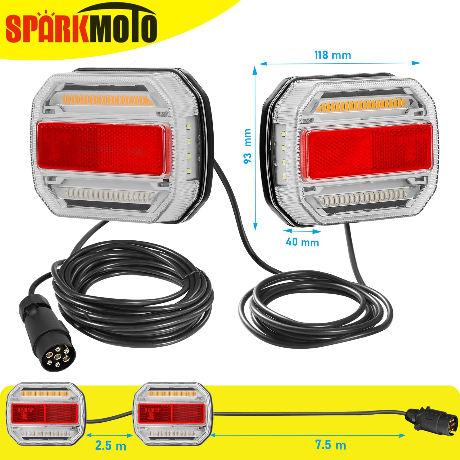 Kit Luci Posteriori A LED Magnetiche Per Rimorchio SPARKMOTO – 12V, 5 Funzioni, Cavo 7,5 M, Spina 7 Pin, IP67, Omologato ECE