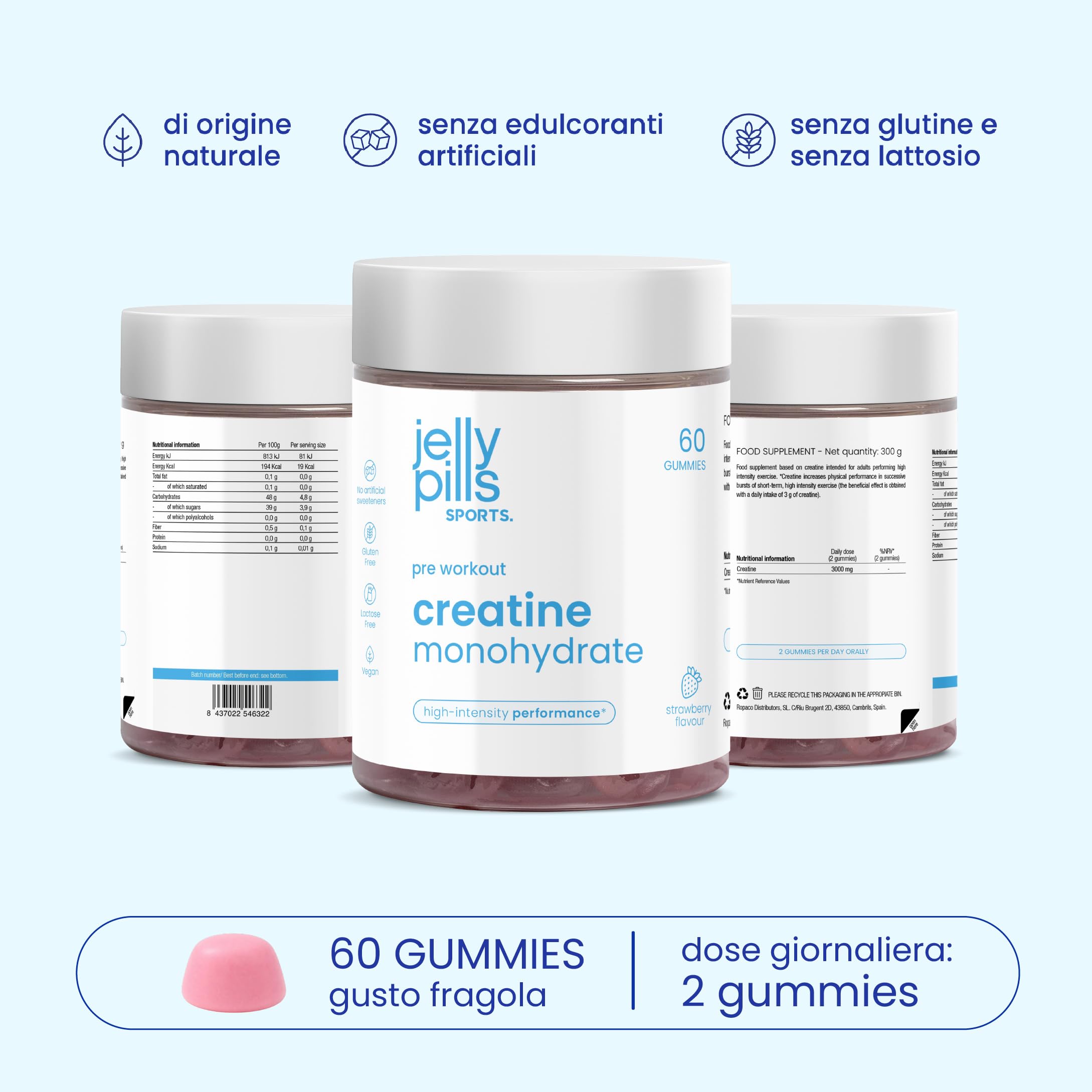 Gommose di Creatina Monoidrato pura – 1,5 g per Gummy – 60 Gummies vegane – Pre-Workout Forza, Performance Fisica e Mentale – Potenziamento Cognitivo – Gusto Fragola – Jelly Pills Sports – 1 mese
