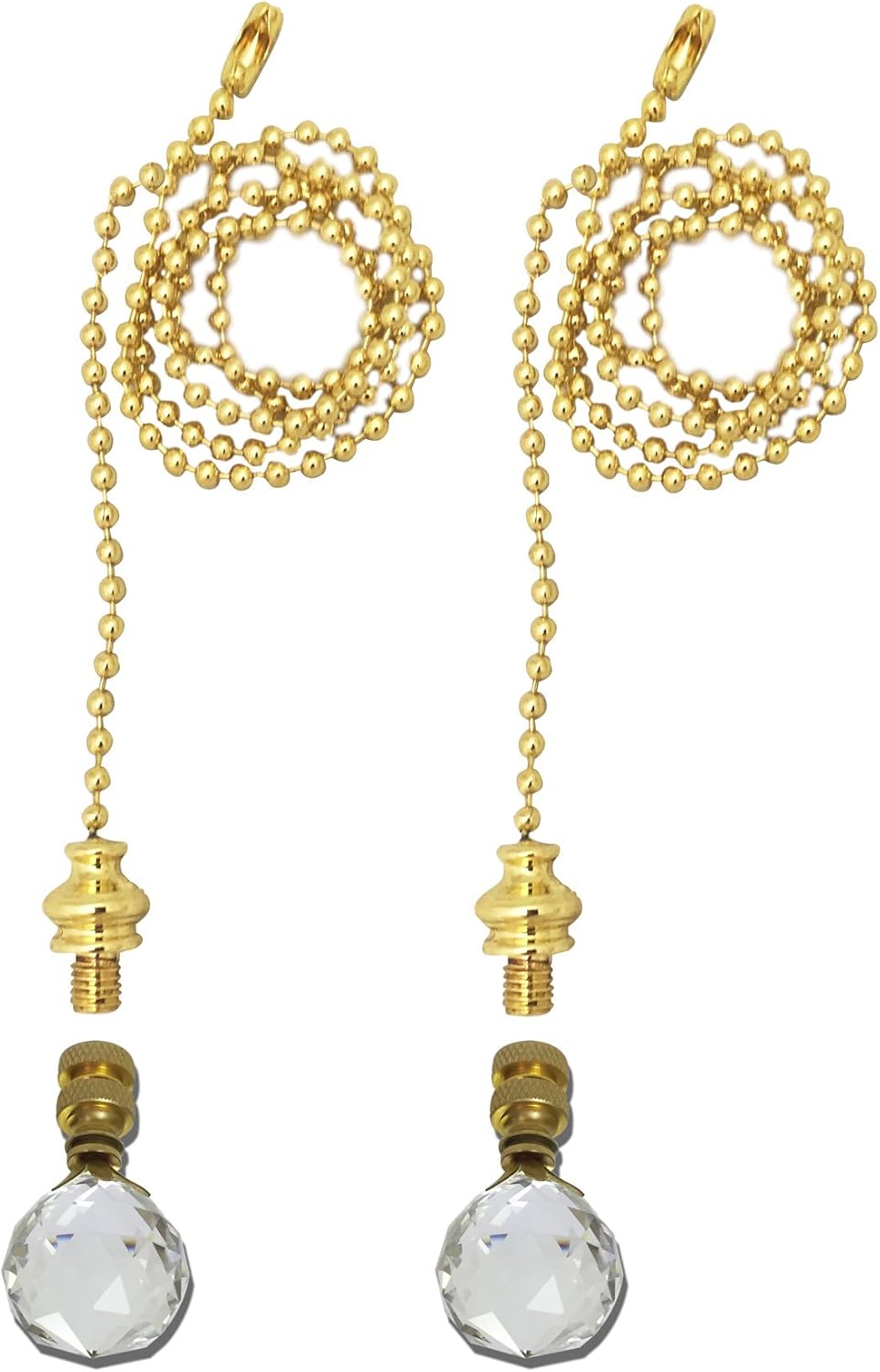 Royal Designs Celling Fan Pull Chain Beaded Ball Extension Chains with Decorative Medium Faceted Diamond Cut Crystal, Polished Brass, Set of 2