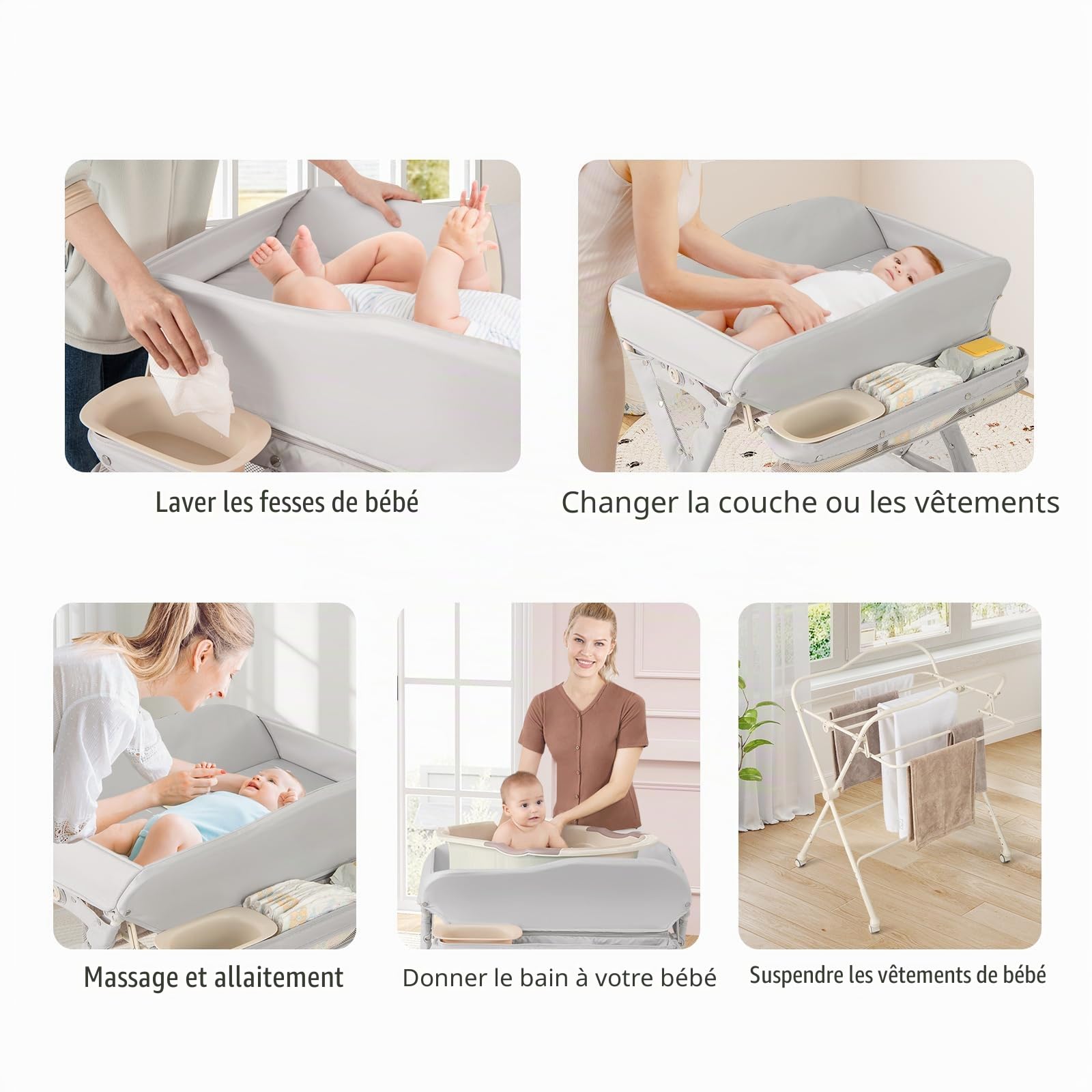 LIFEZEAL Table à Langer Pliante avec Roues Universelles, Espace de Rangement, Table Langer Bébé 0-6 Mois avec Charge de 11 KG, Tissu Hydrofuge, Oléofuge et Anti-taches, Gris