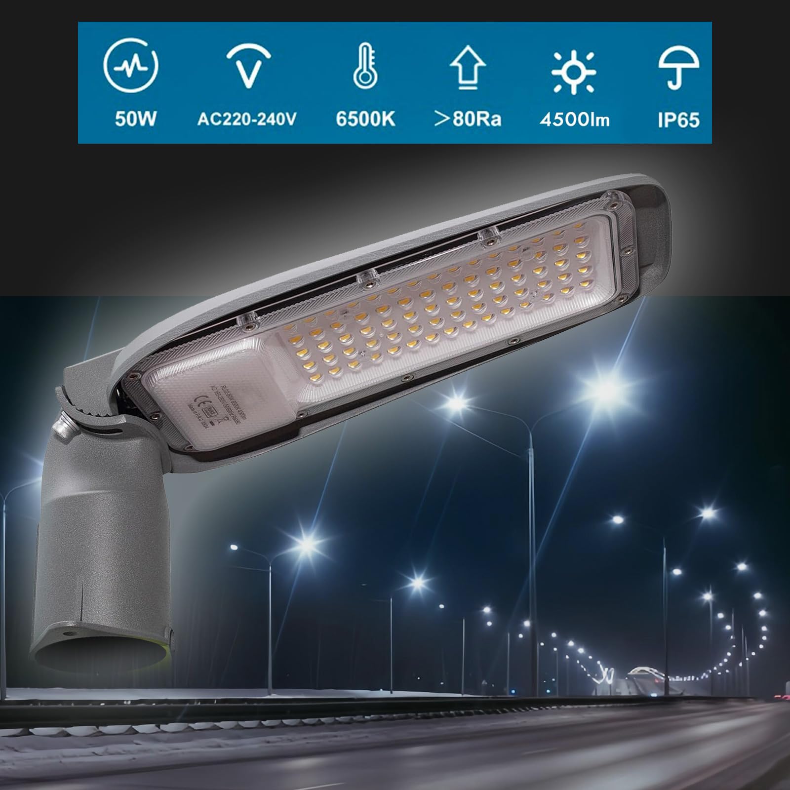 Planetitaly Faro armatura stradale IP65 esterno lampione LED 50W inclinabile 90 gradi luce viali sentieri giardino 4500lm 230V